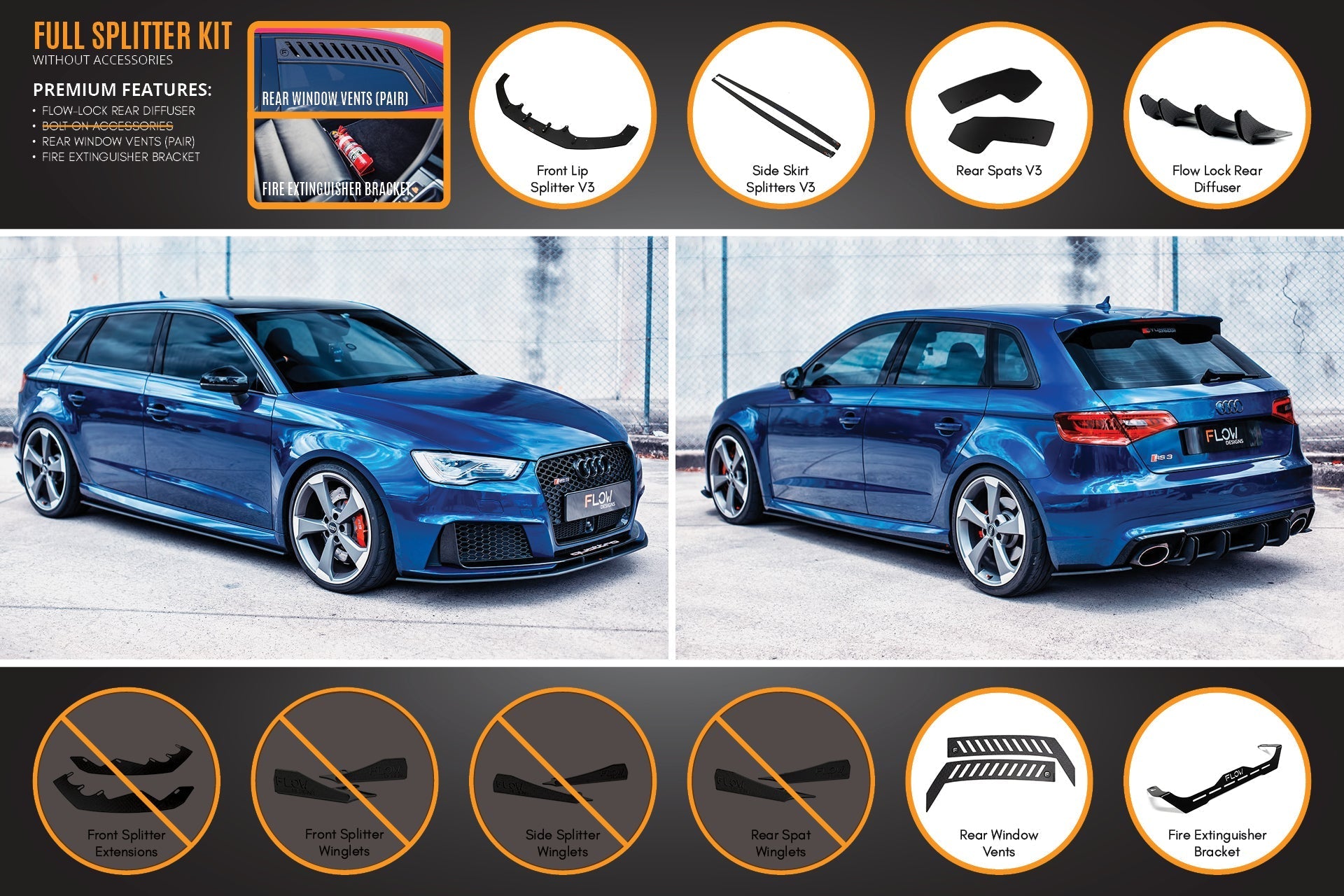 Flow Design RS3 8V Sportback (Pre-Facelift) Full Lip Splitter Set
