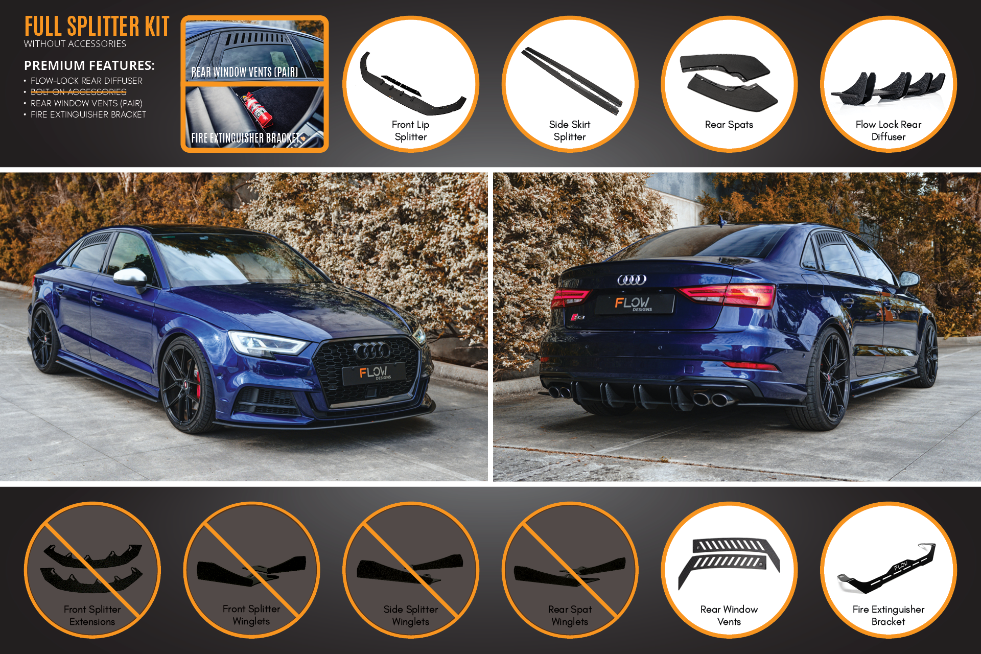 Flow Design S3 8V Sedan Facelift Full Lip Splitter Set