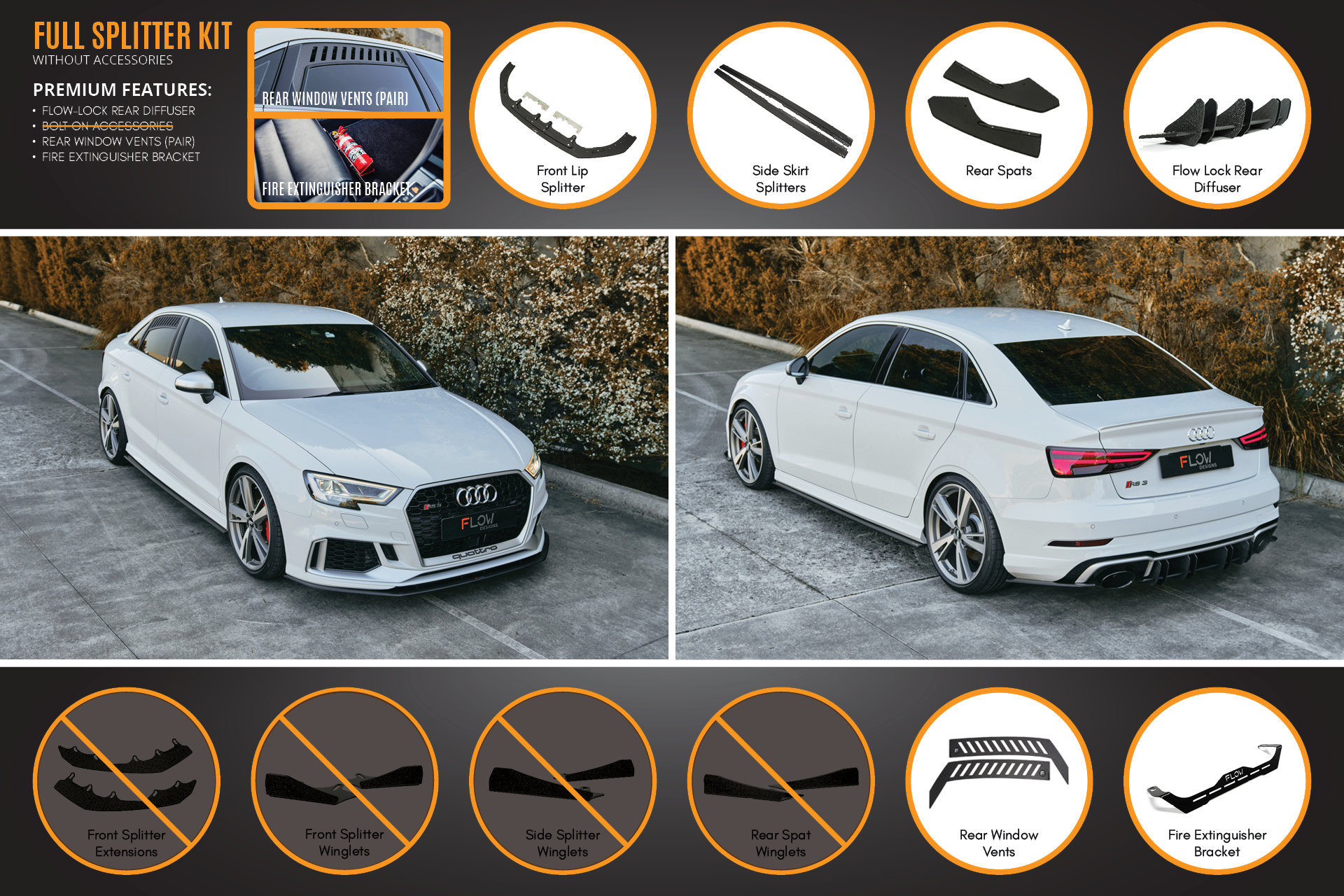 Flow Design RS3 8V Sedan Facelift Full Lip Splitter Set