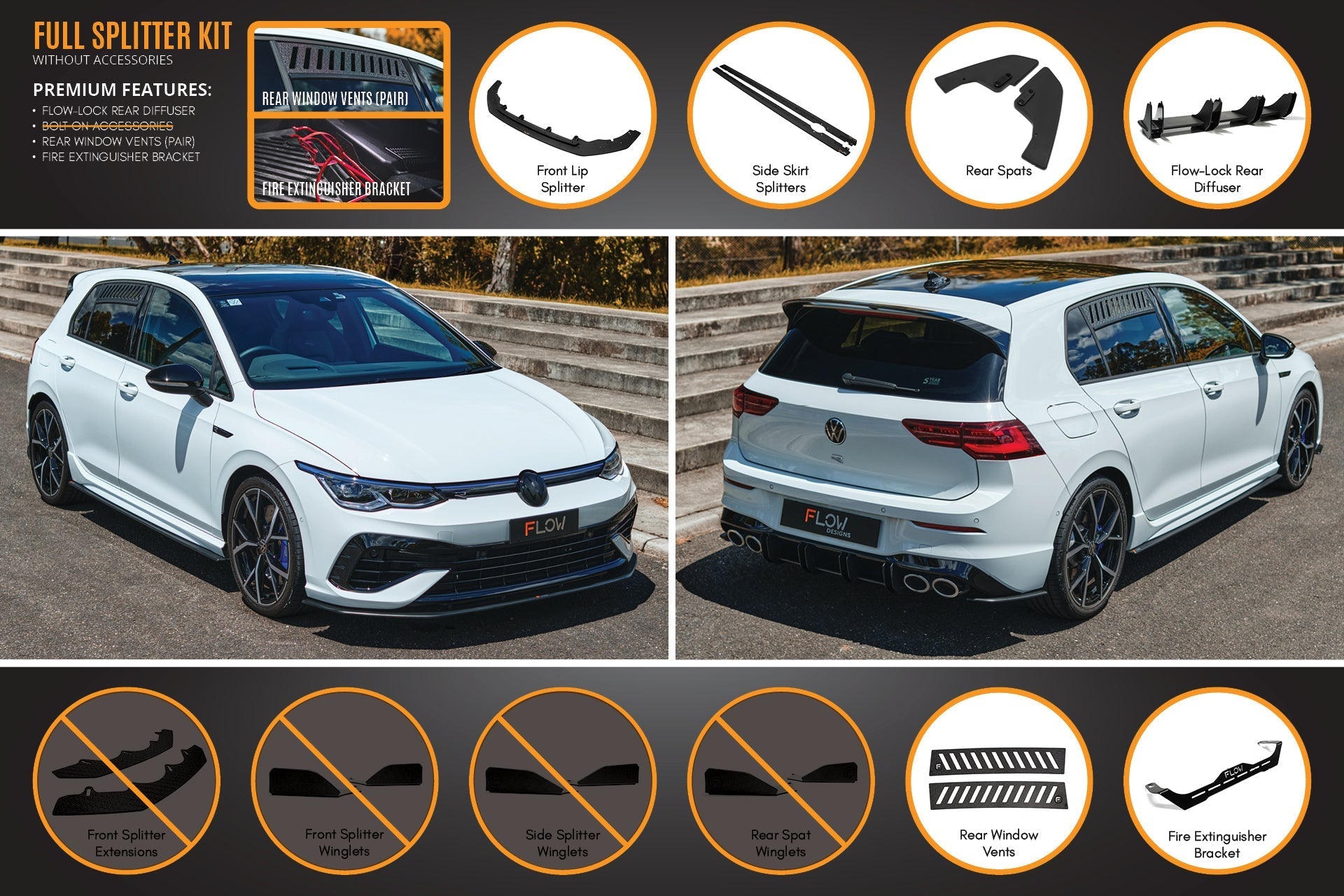 Flow Design MK8 Golf R Full Lip Splitter Set