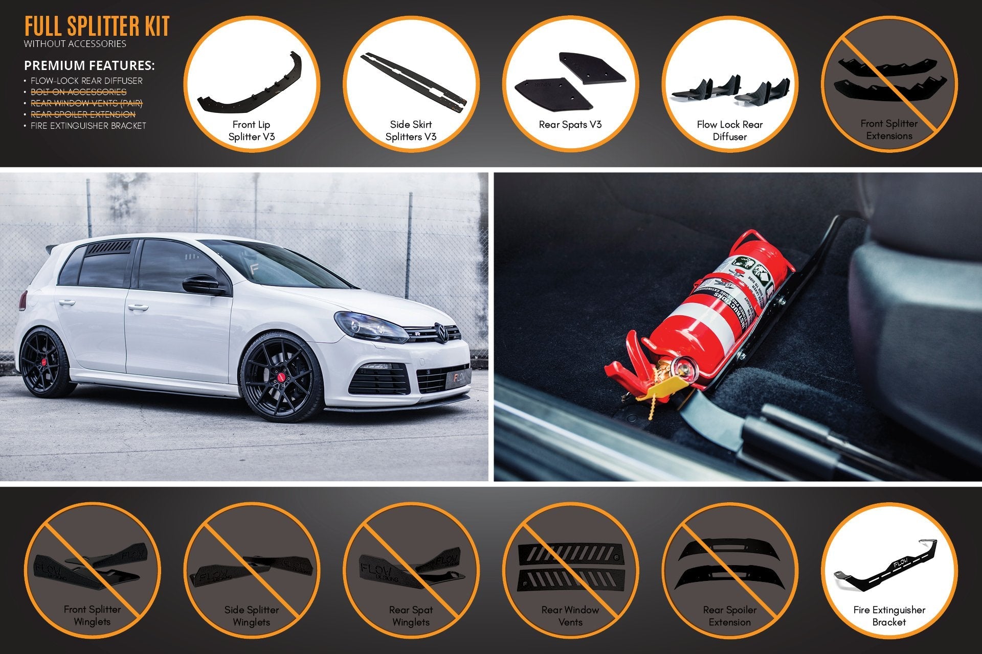 Flow Design MK6 Golf R Full Lip Splitter Set