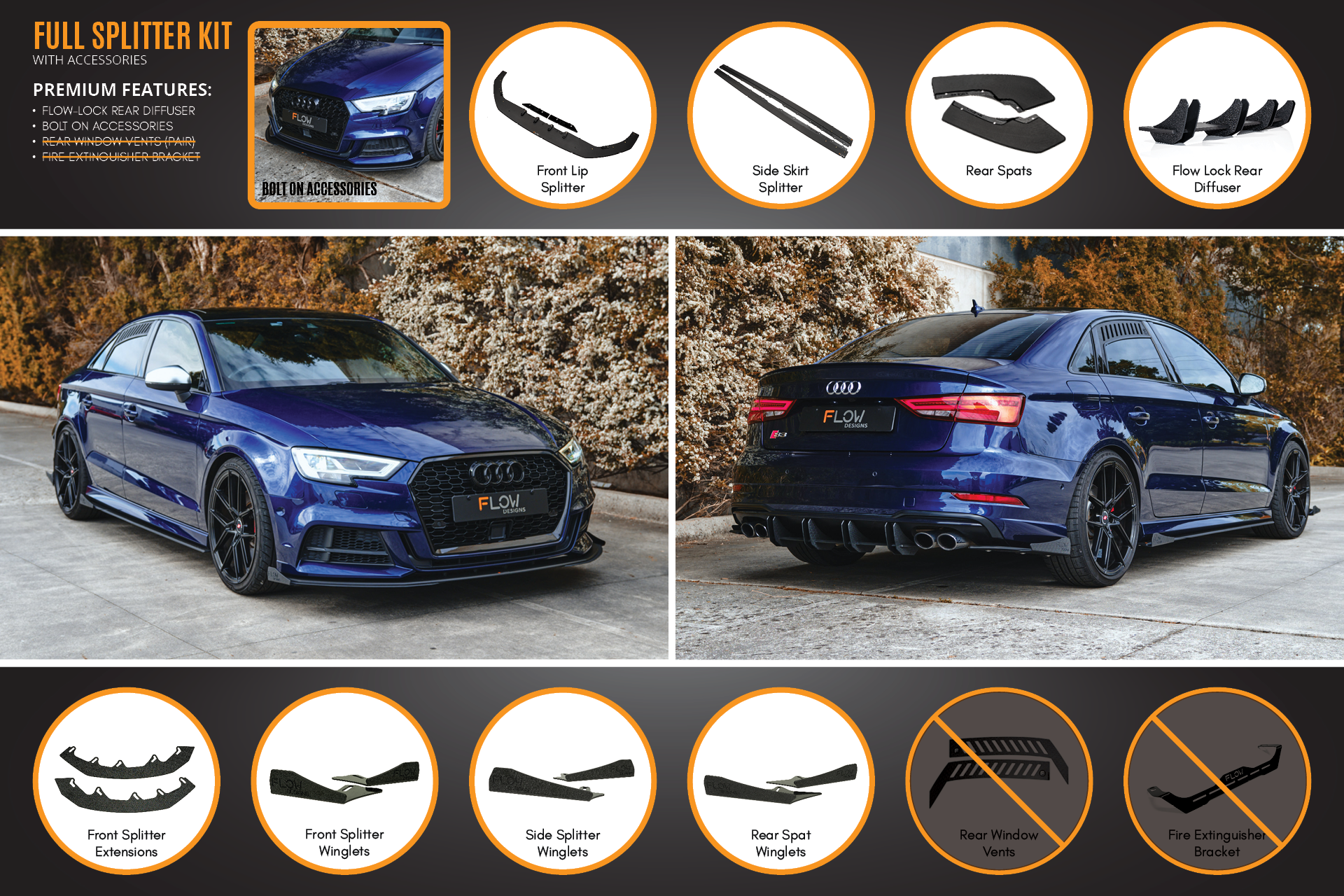 Flow Design S3 8V Sedan Facelift Full Lip Splitter Set