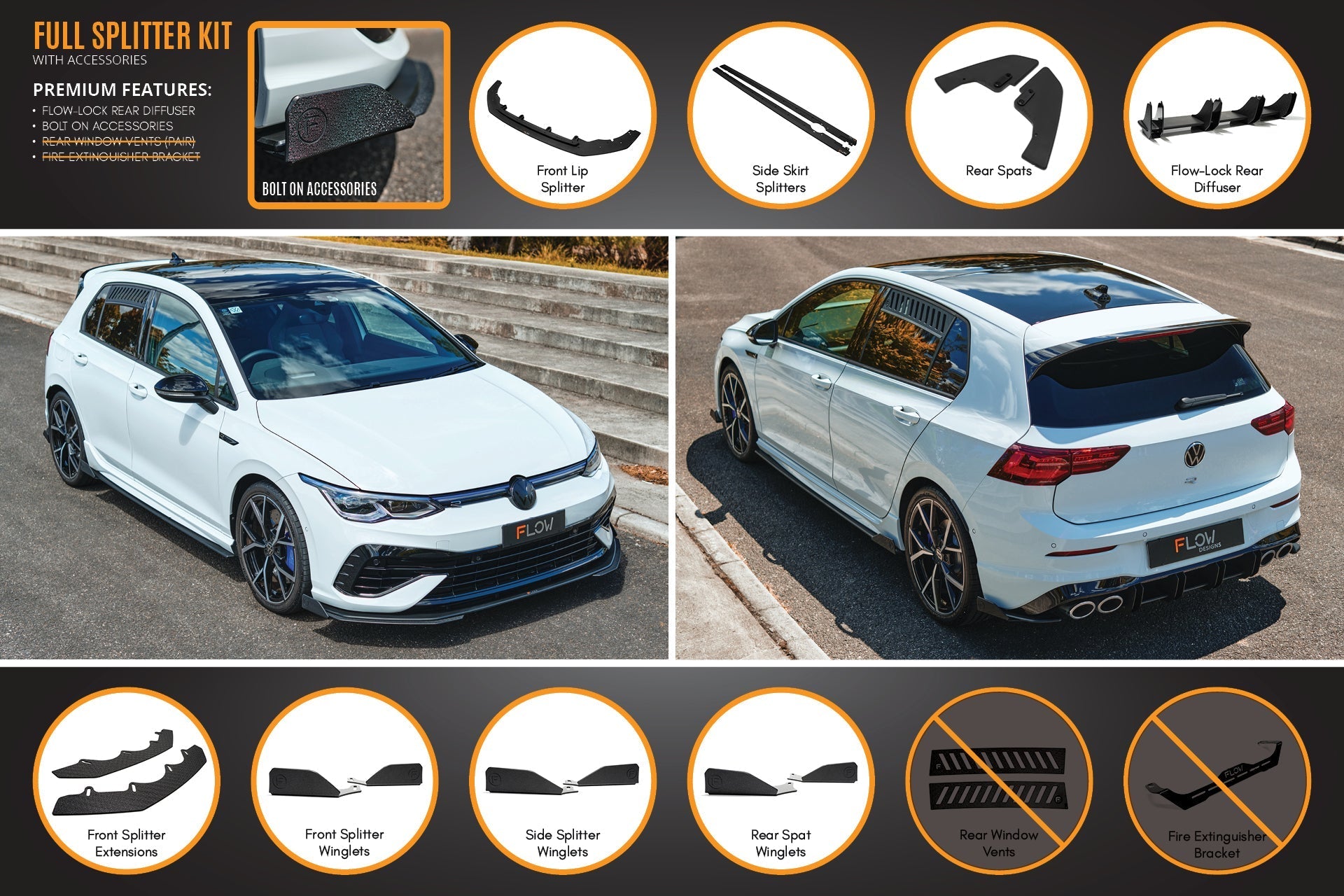 Flow Design MK8 Golf R Full Lip Splitter Set