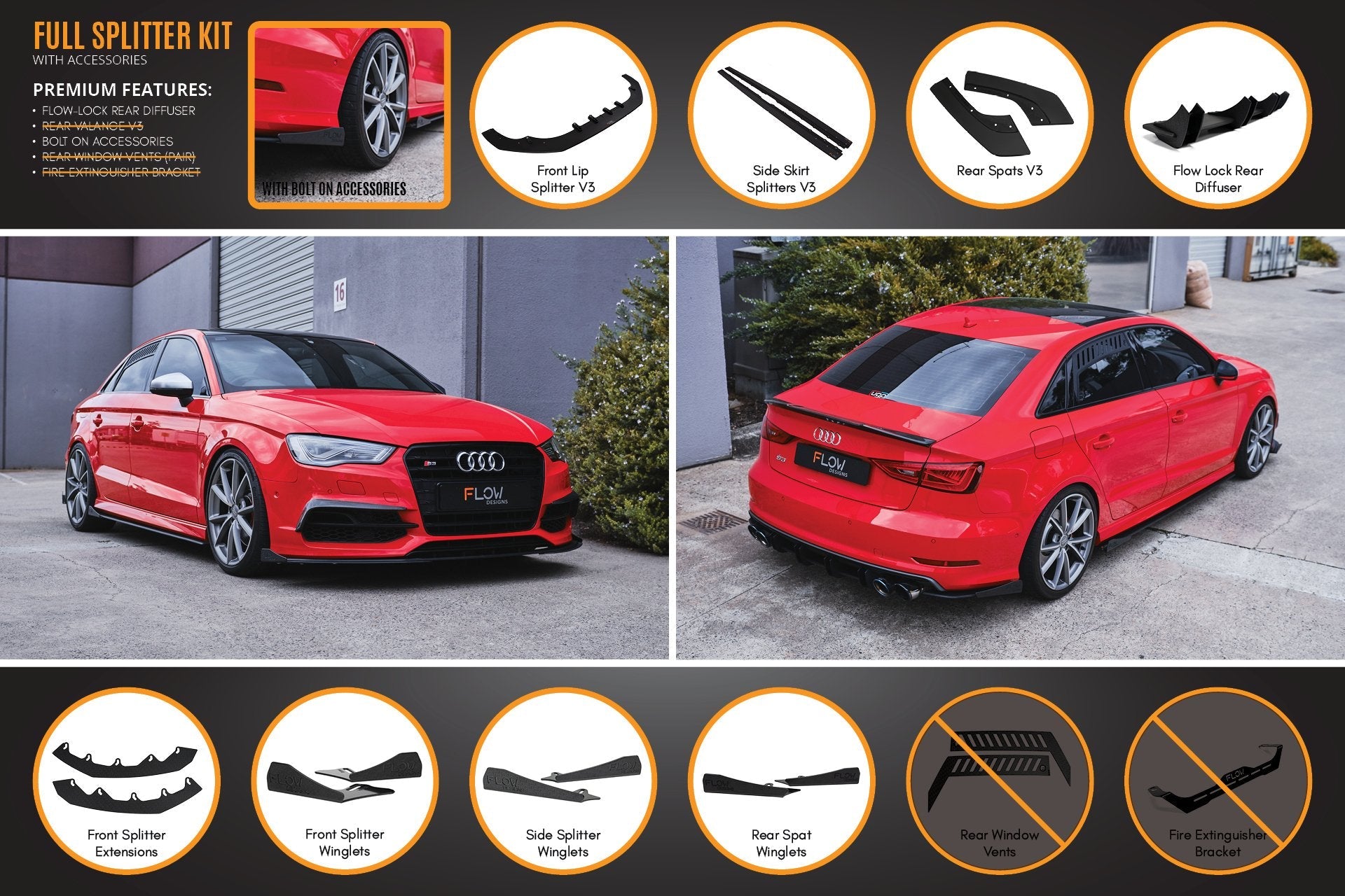 Flow Design S3 8V Sedan Pre-Facelift V3 Full Lip Splitter Set
