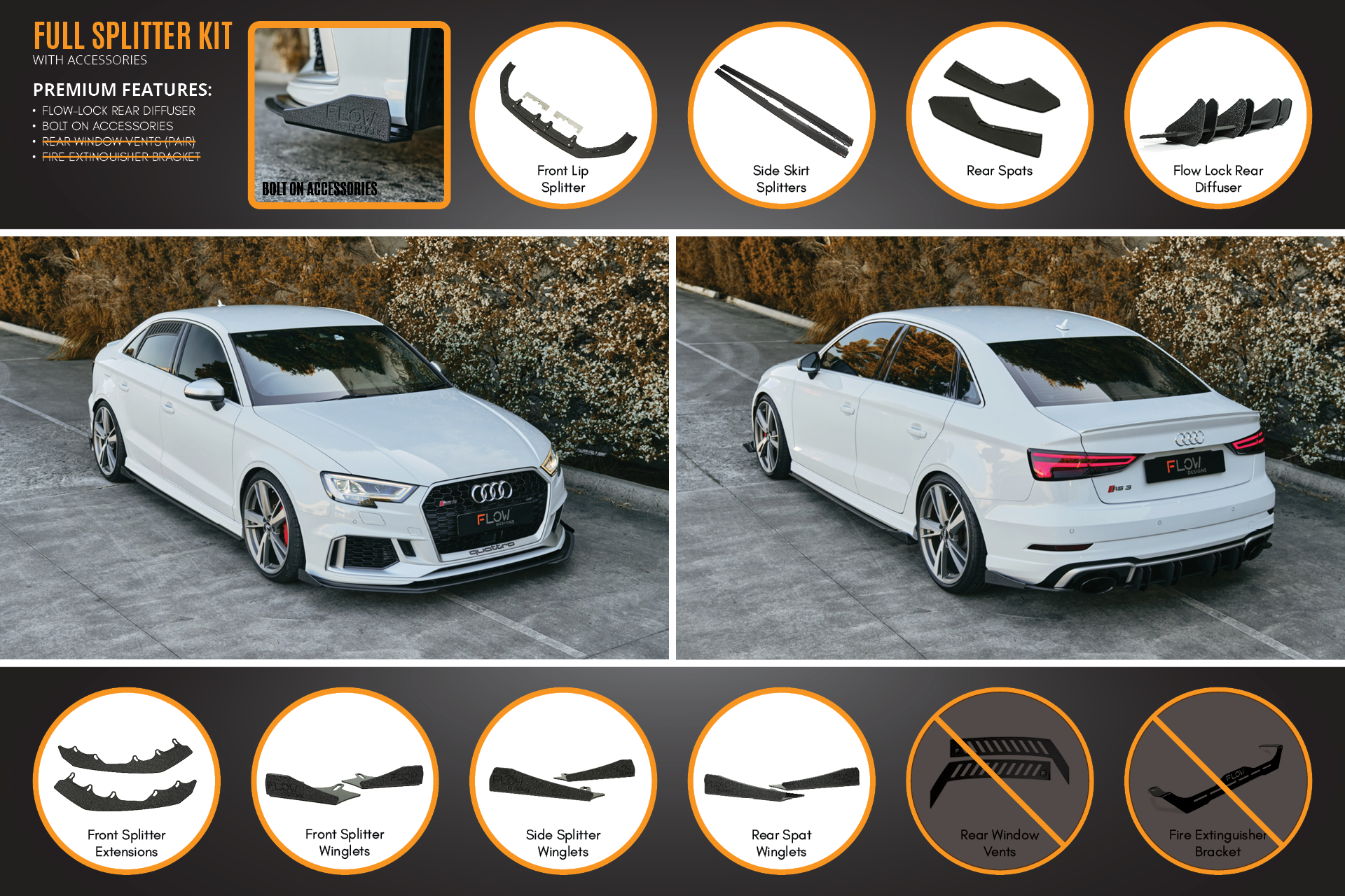 Flow Design RS3 8V Sedan Facelift Full Lip Splitter Set