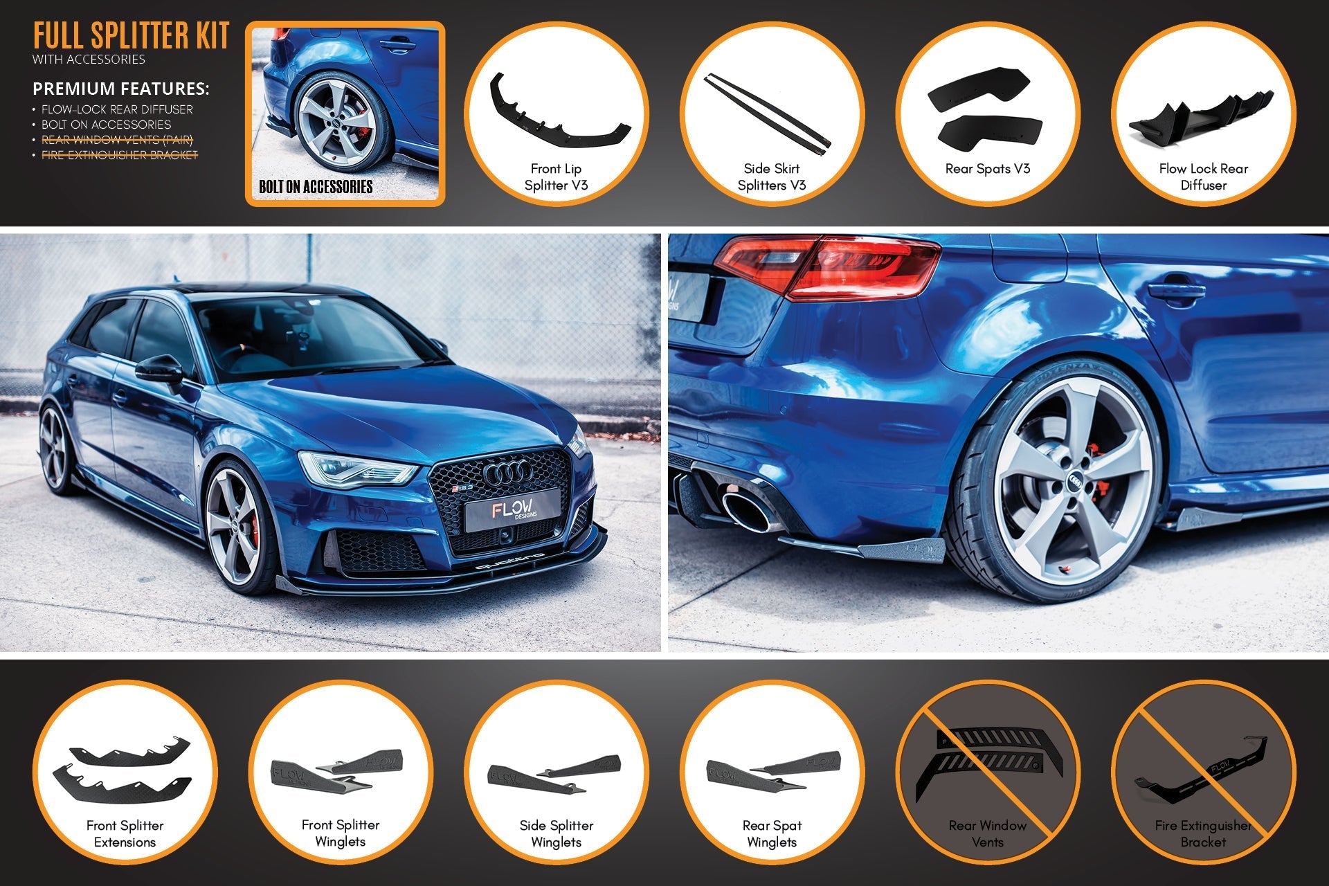 Flow Design RS3 8V Sportback (Pre-Facelift) Full Lip Splitter Set