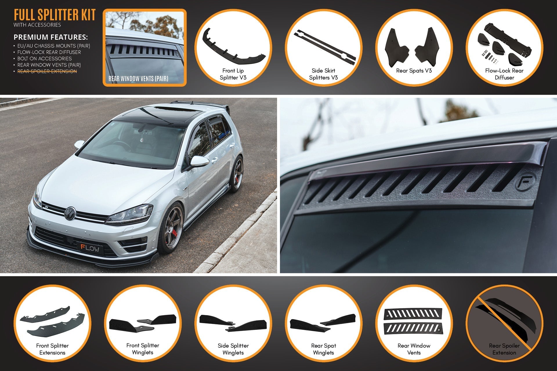 Flow Design MK7 Golf R (EU/AU) Full Lip Splitter Set
