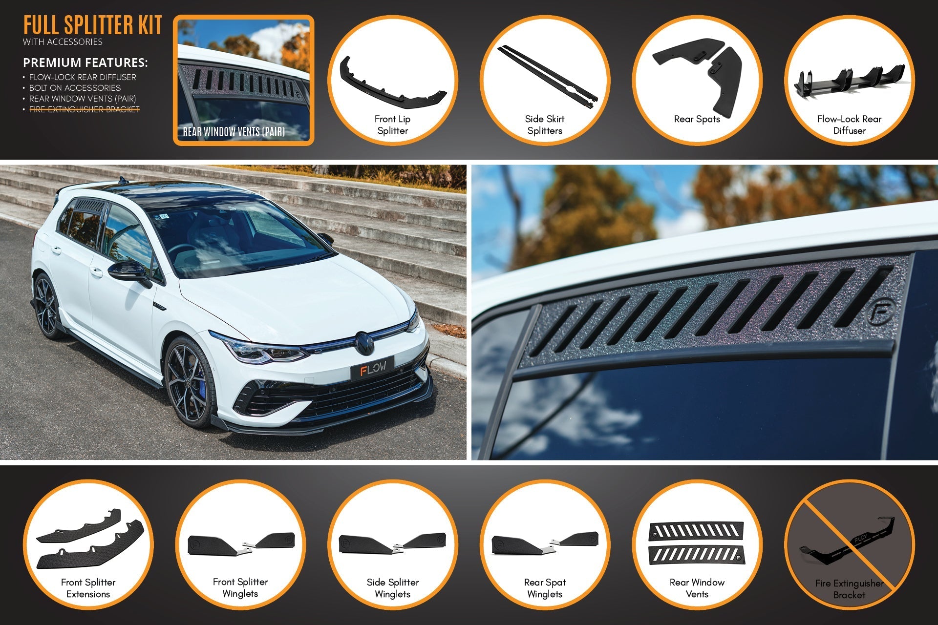 Flow Design MK8 Golf R Full Lip Splitter Set
