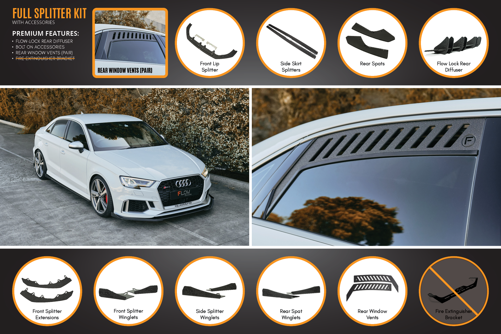 Flow Design RS3 8V Sedan Facelift Full Lip Splitter Set