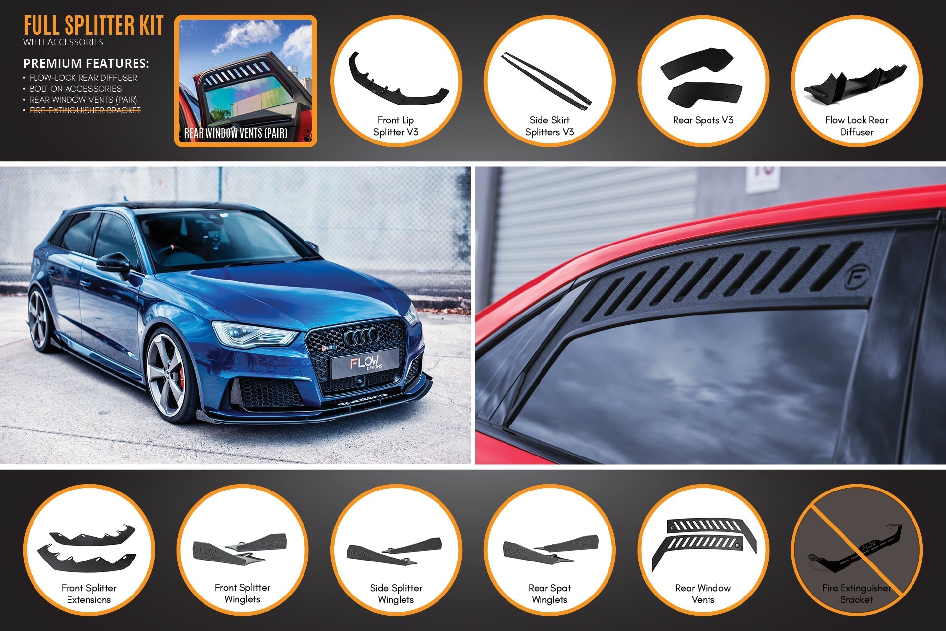 Flow Design RS3 8V Sportback (Pre-Facelift) Full Lip Splitter Set
