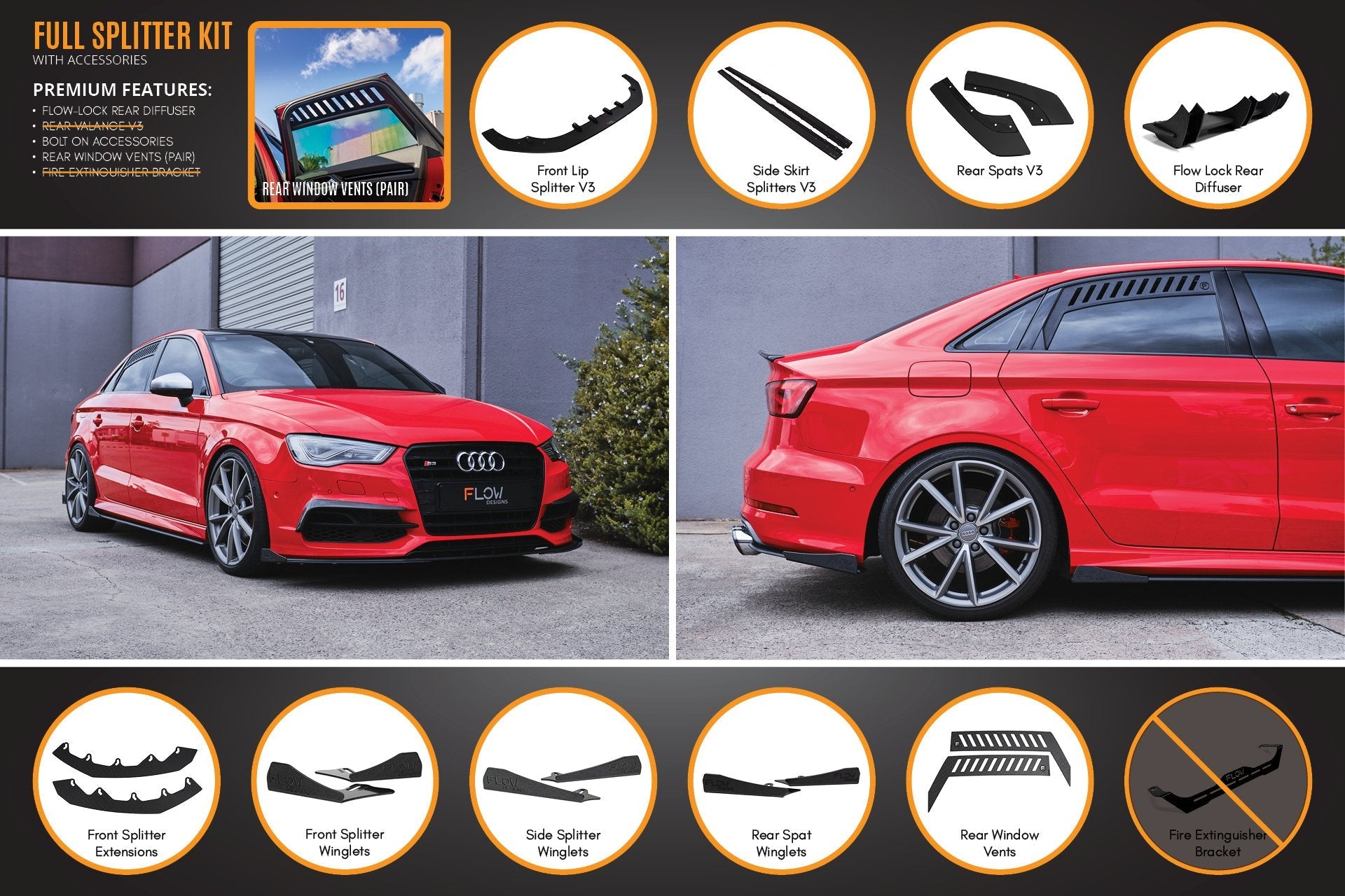 Flow Design S3 8V Sedan Pre-Facelift V3 Full Lip Splitter Set