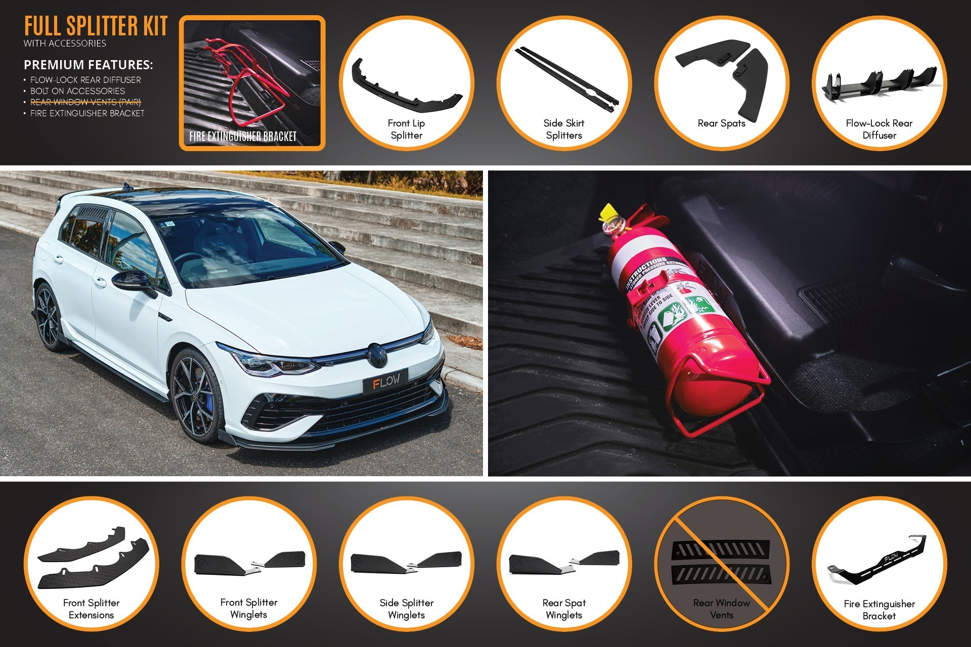 Flow Design MK8 Golf R Full Lip Splitter Set