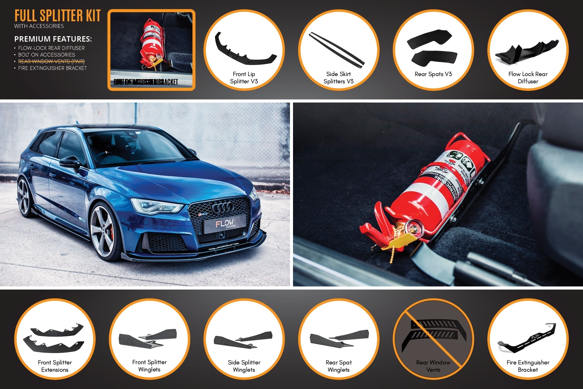 Flow Design RS3 8V Sportback (Pre-Facelift) Full Lip Splitter Set