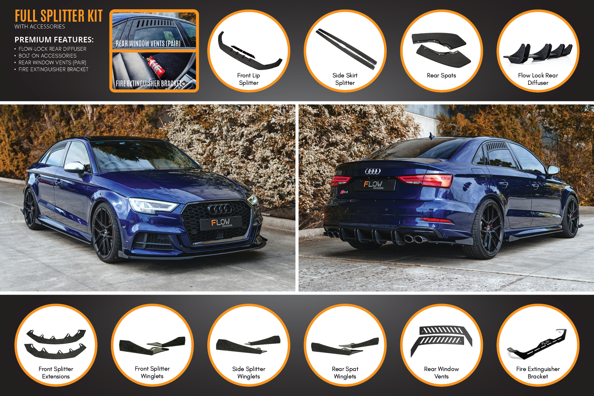 Flow Design S3 8V Sedan Facelift Full Lip Splitter Set