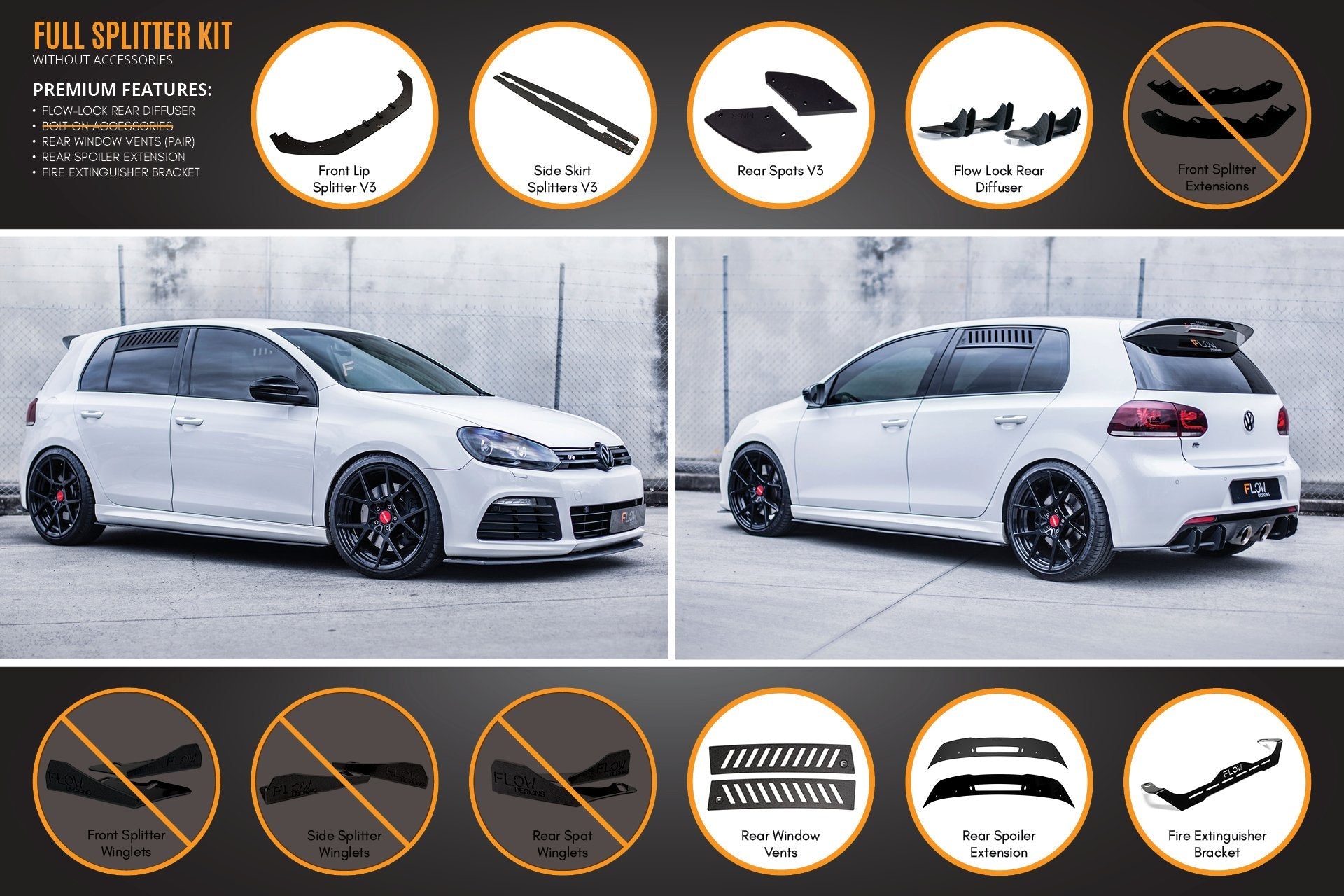 Flow Design MK6 Golf R Full Lip Splitter Set