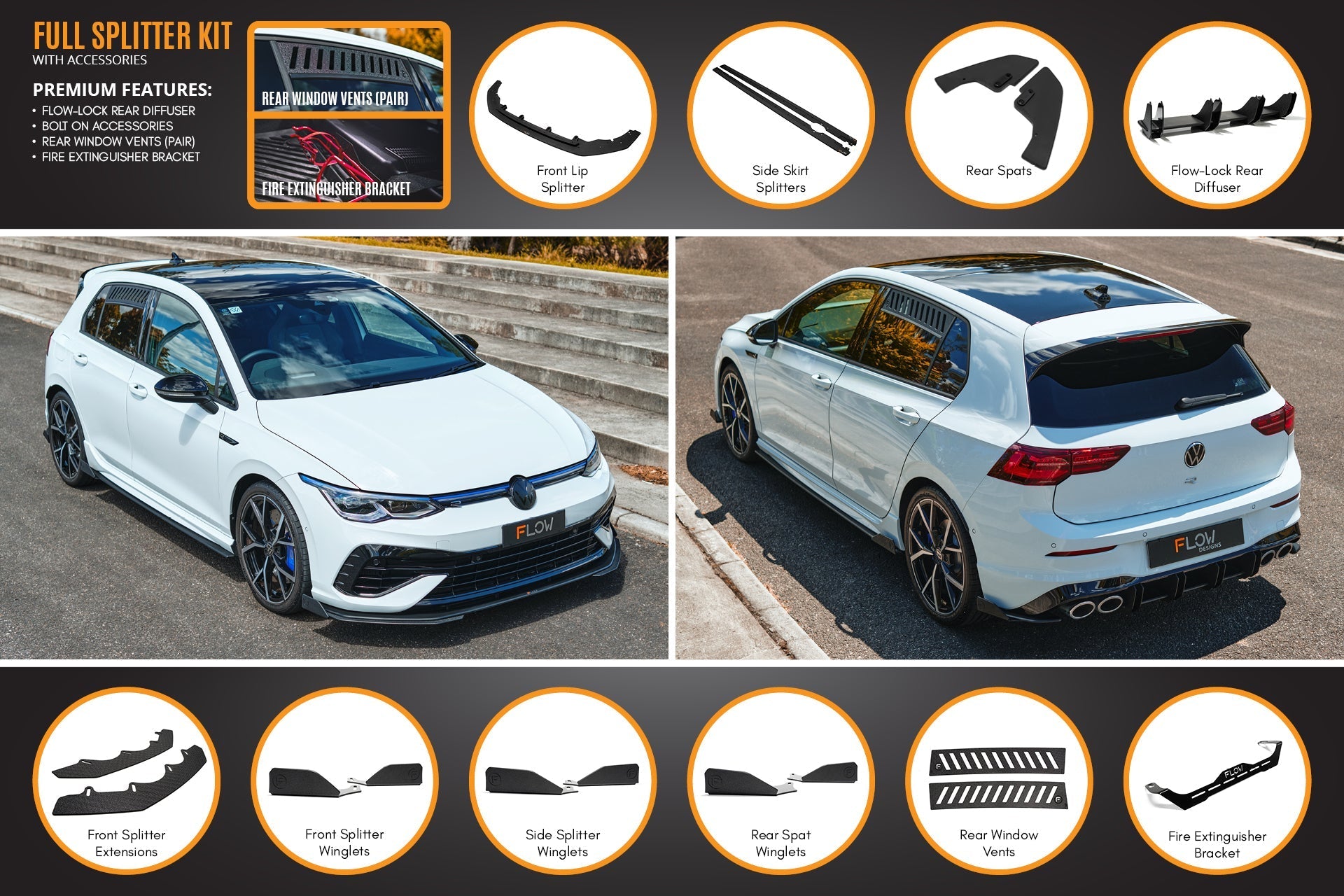 Flow Design MK8 Golf R Full Lip Splitter Set