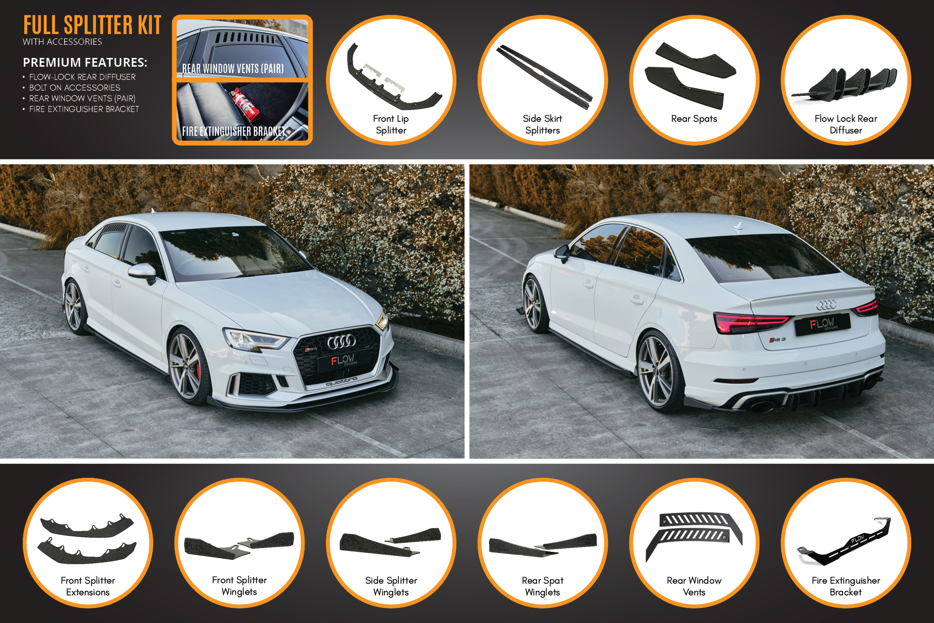 Flow Design RS3 8V Sedan Facelift Full Lip Splitter Set