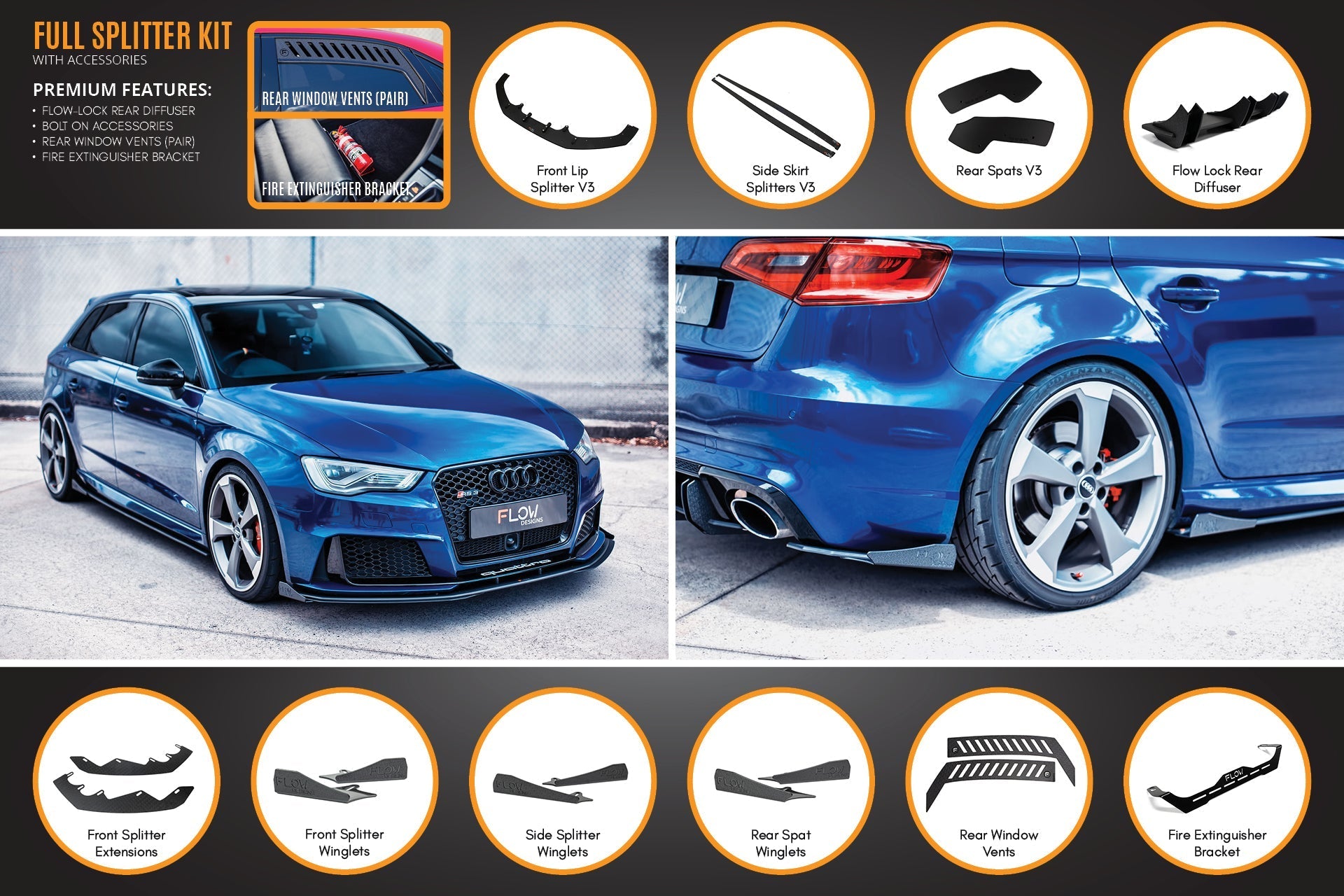 Flow Design RS3 8V Sportback (Pre-Facelift) Full Lip Splitter Set