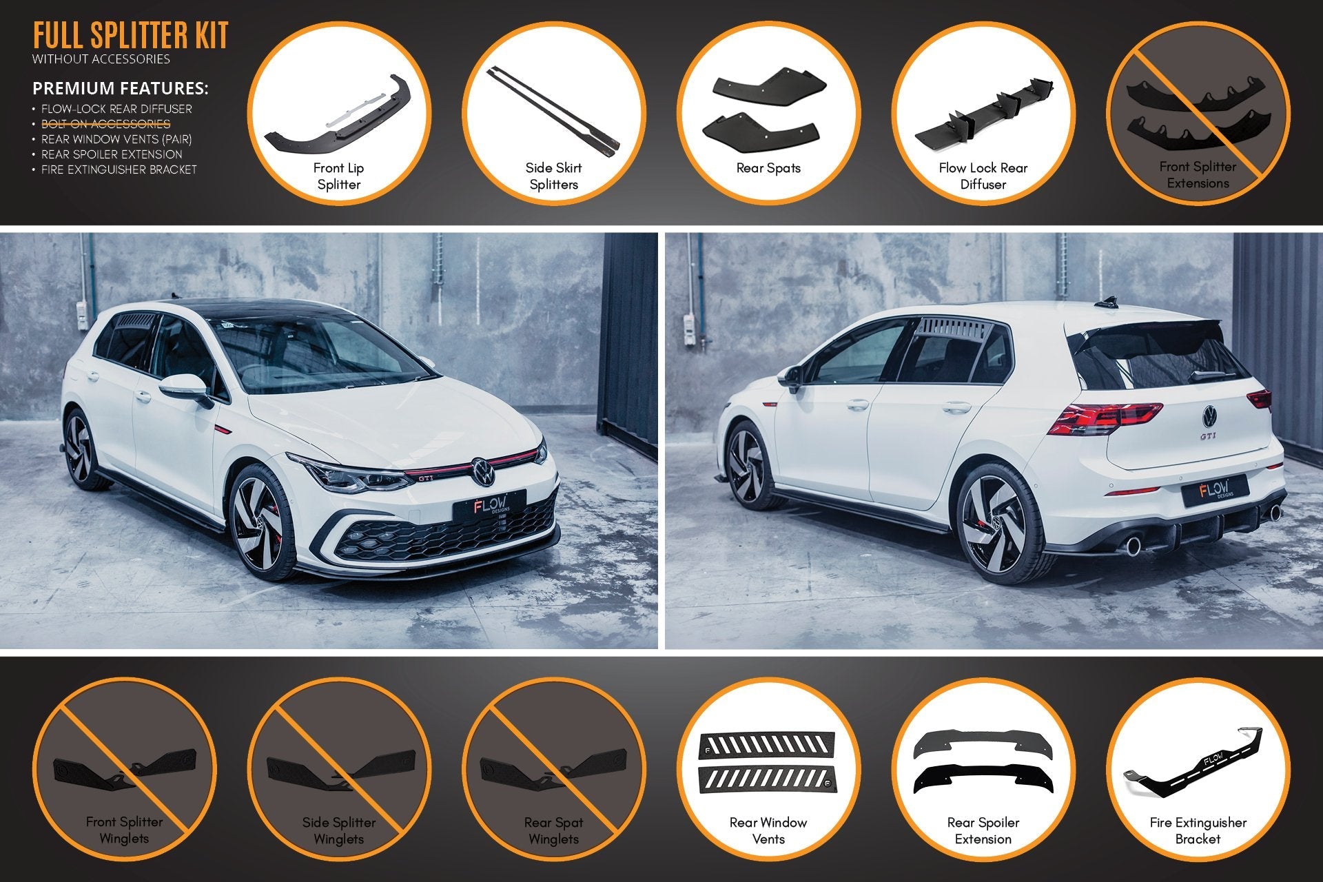 Flow Design MK8 Golf GTI Full Lip Splitter Set