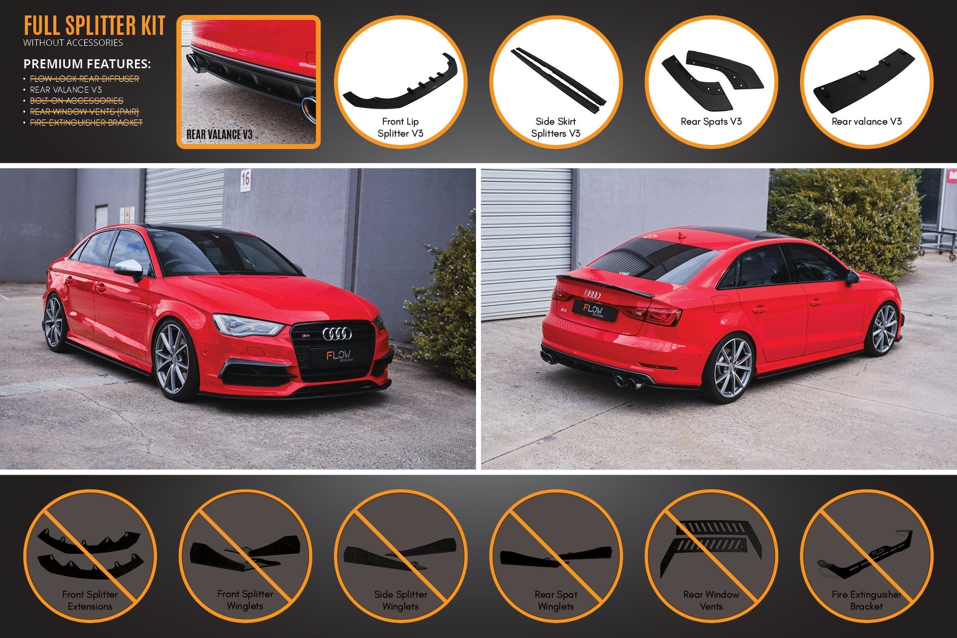 Flow Design S3 8V Sedan Pre-Facelift V3 Full Lip Splitter Set