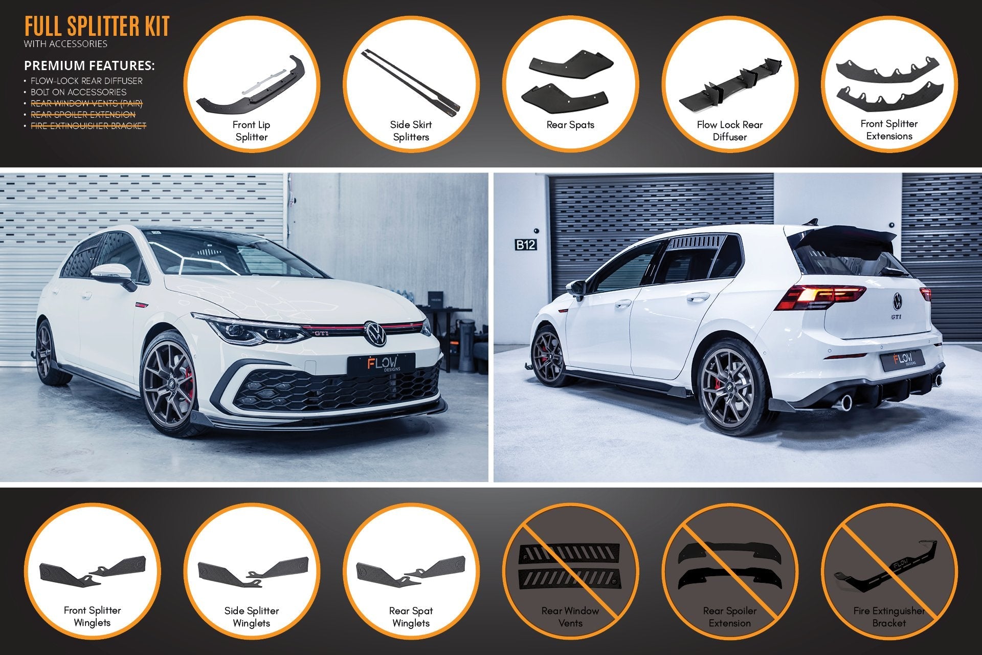 Flow Design MK8 Golf GTI Full Lip Splitter Set