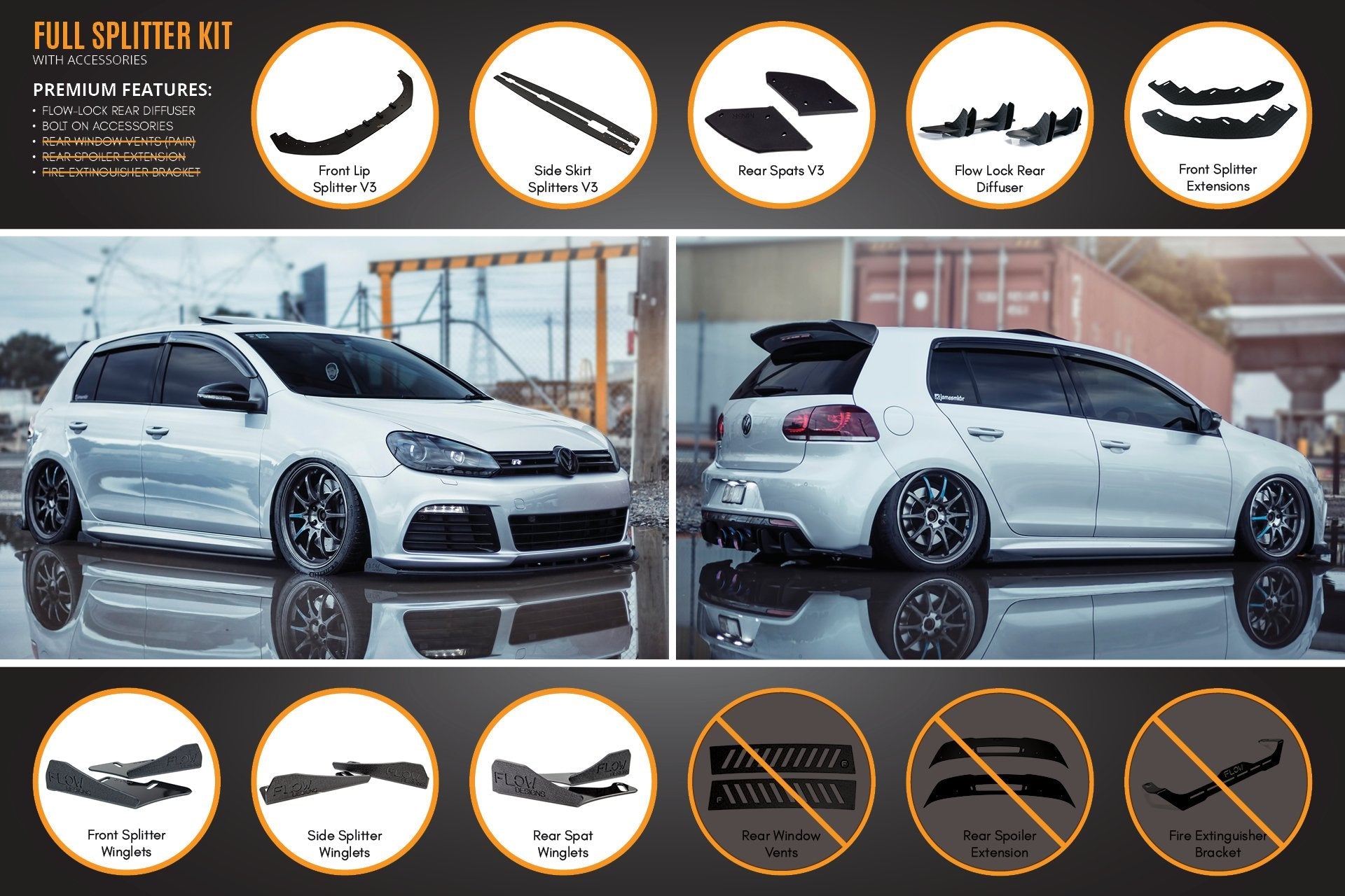 Flow Design MK6 Golf R Full Lip Splitter Set