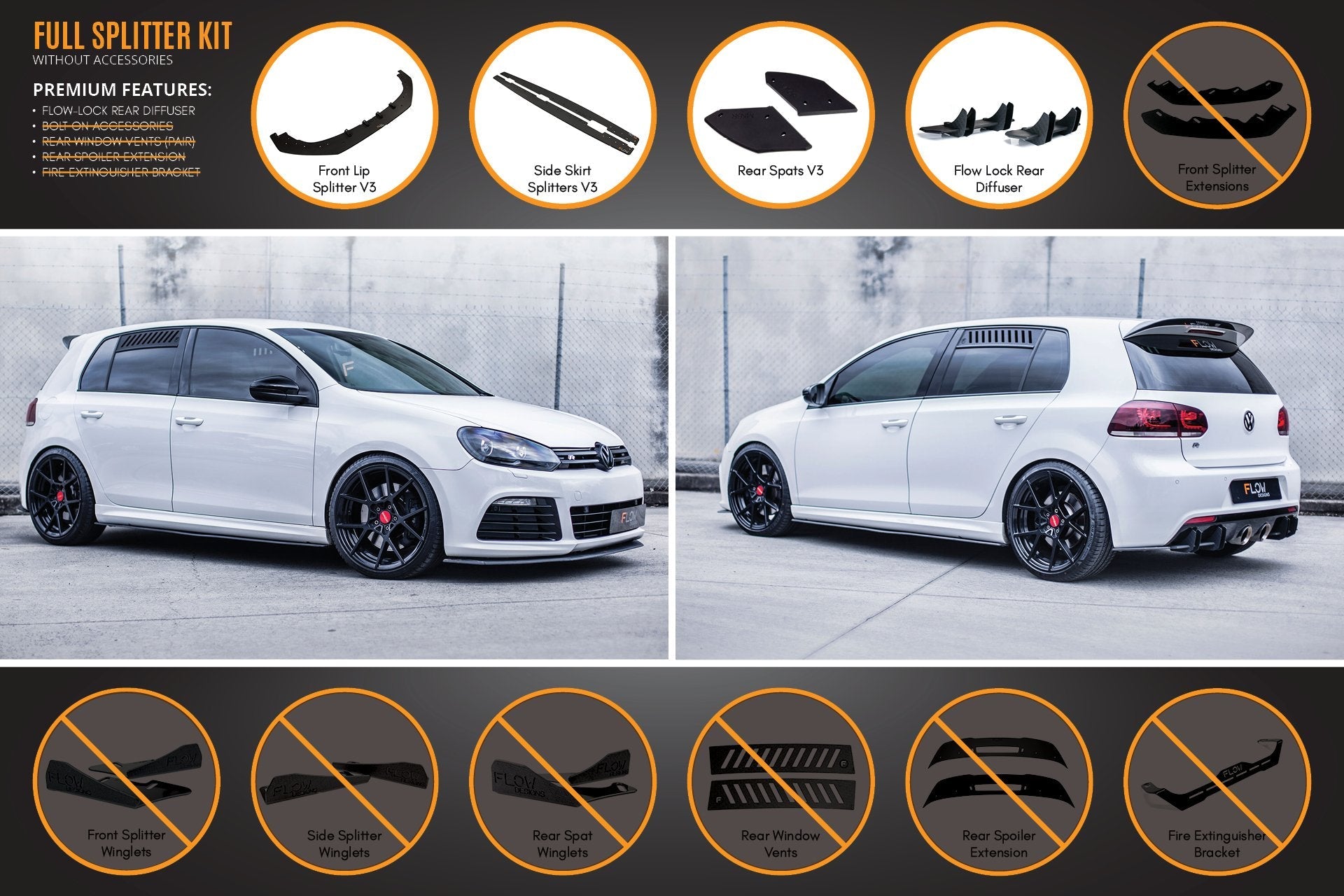 Flow Design MK6 Golf R Full Lip Splitter Set
