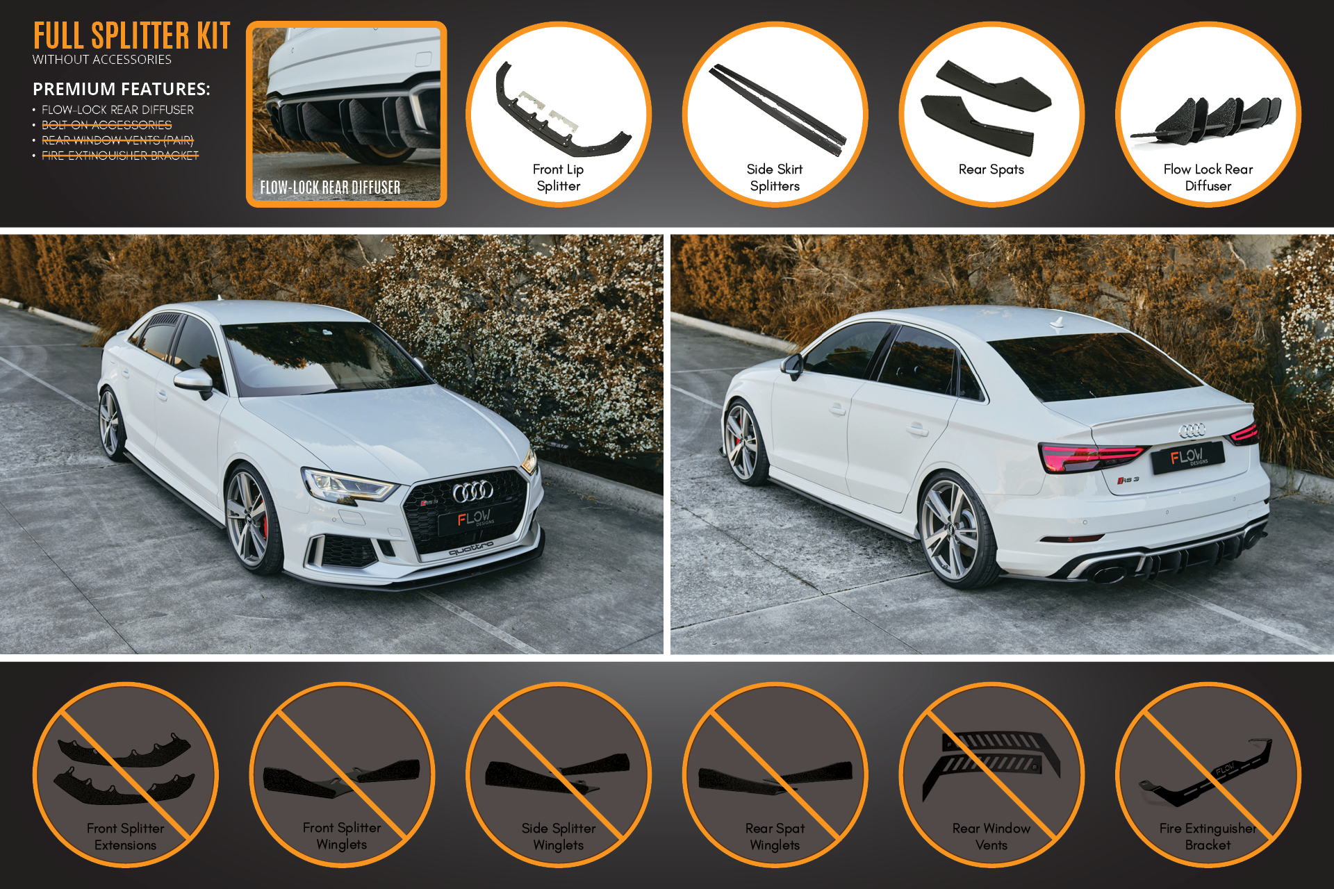 Flow Design RS3 8V Sedan Facelift Full Lip Splitter Set