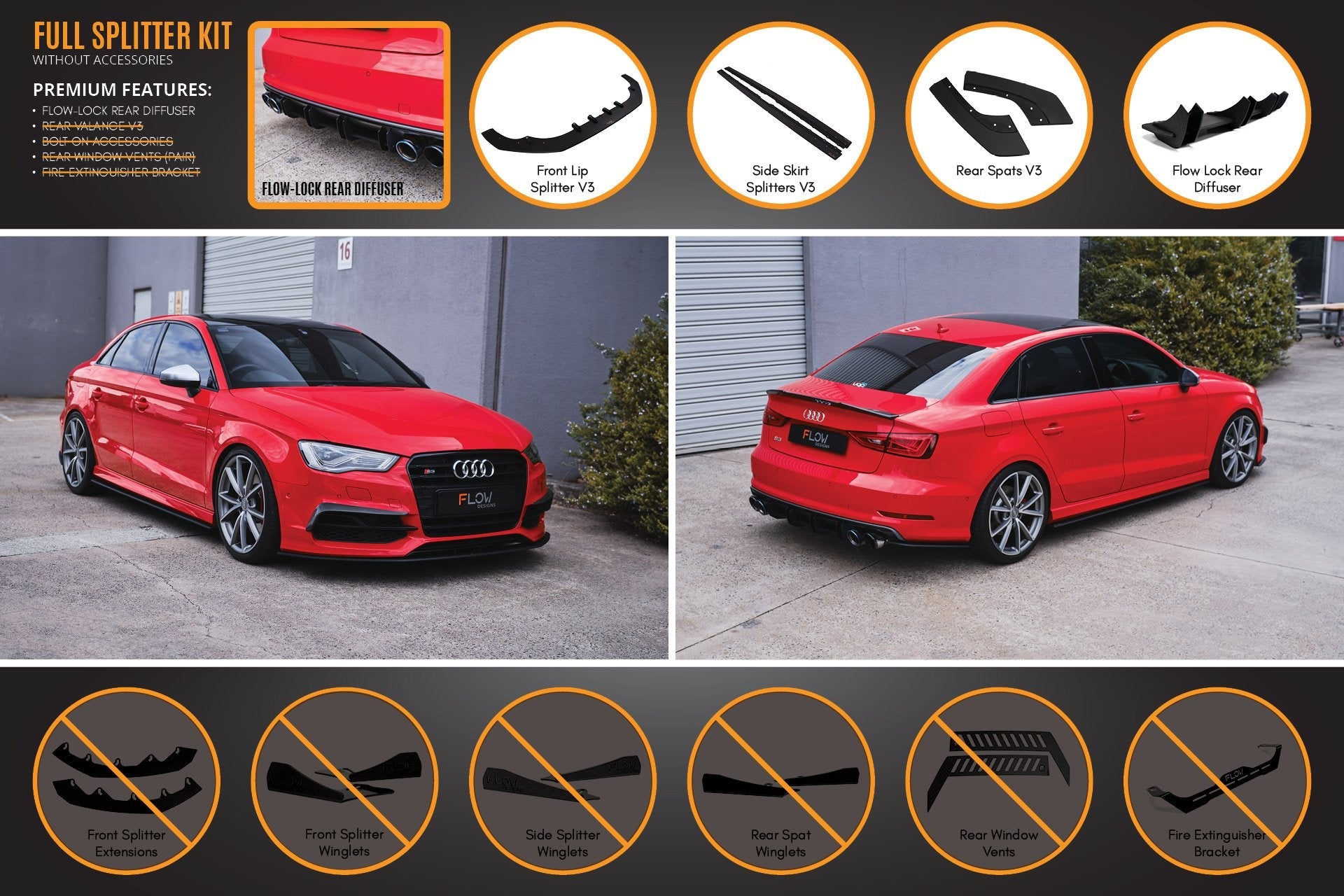 Flow Design S3 8V Sedan Pre-Facelift V3 Full Lip Splitter Set