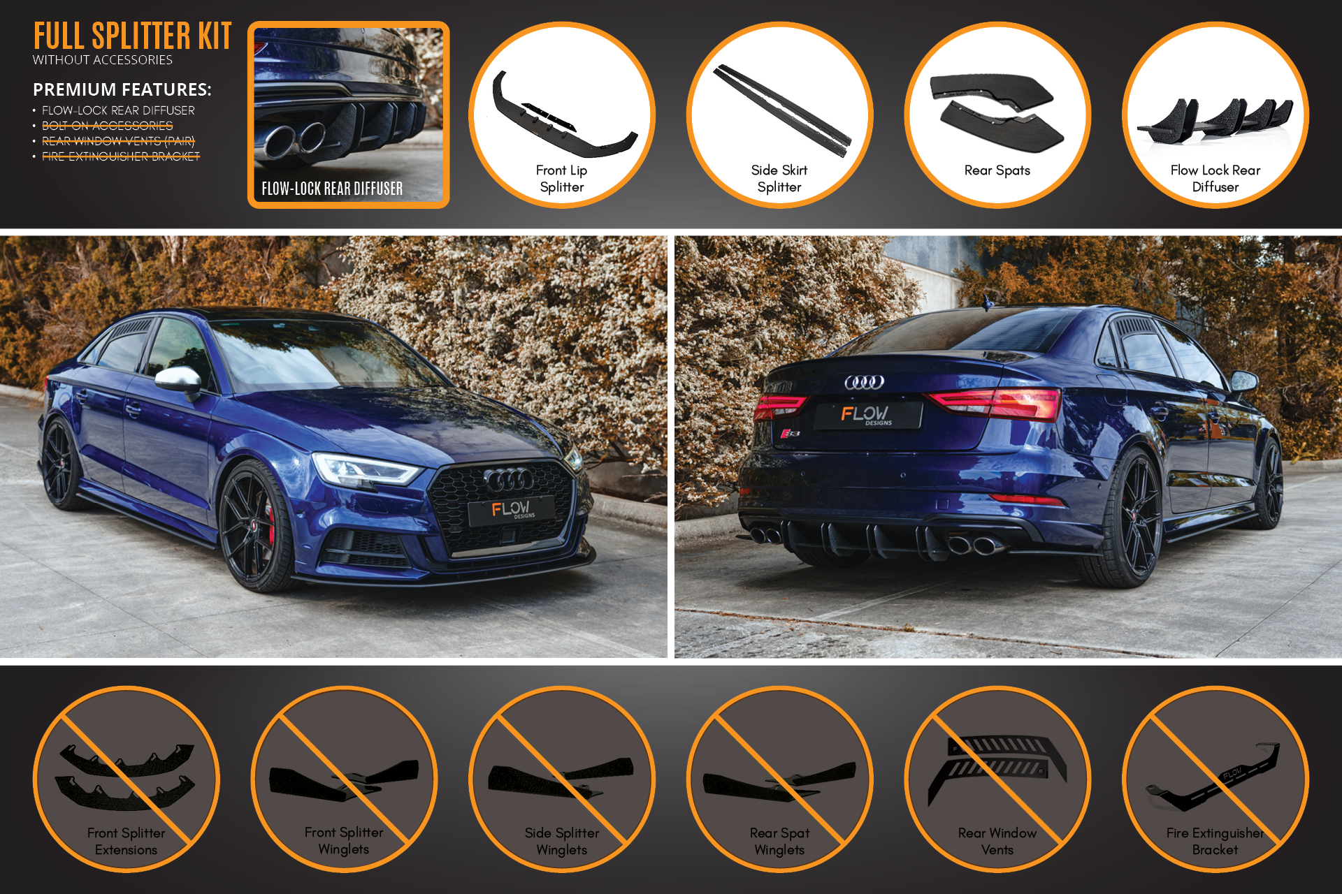 Flow Design S3 8V Sedan Facelift Full Lip Splitter Set