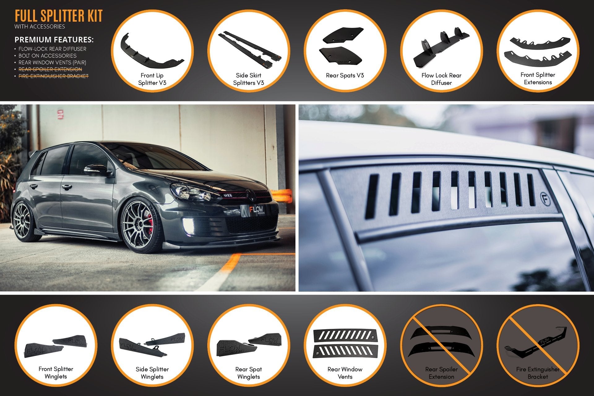 Flow Design MK6 Golf GTI Full Lip Splitter Set