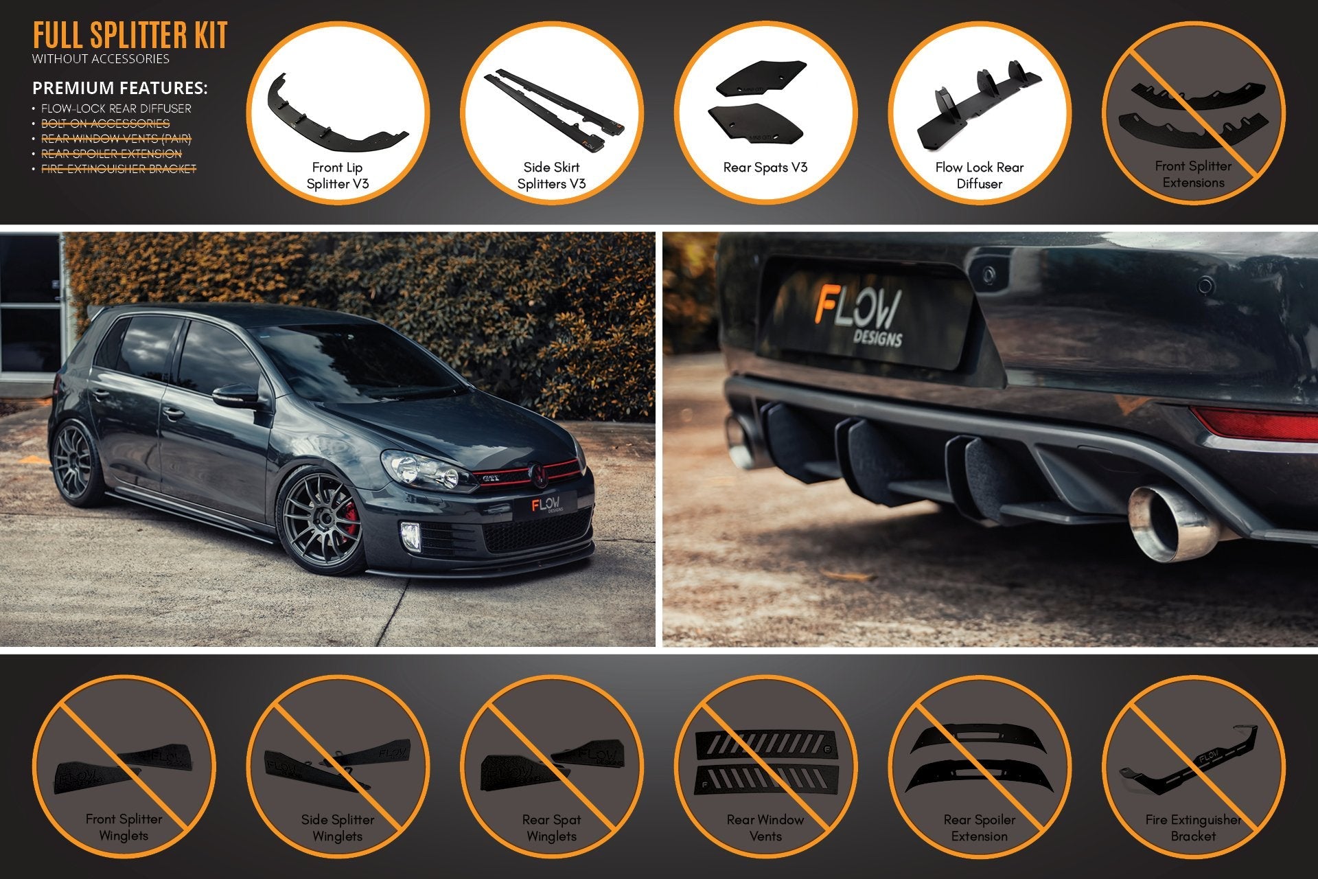 Flow Design MK6 Golf GTI Full Lip Splitter Set