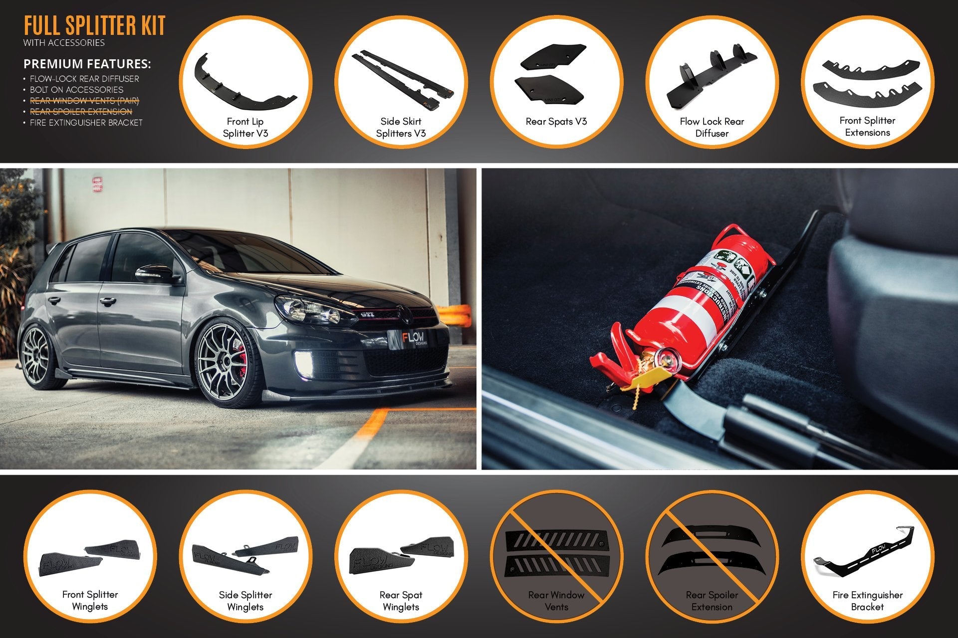 Flow Design MK6 Golf GTI Full Lip Splitter Set