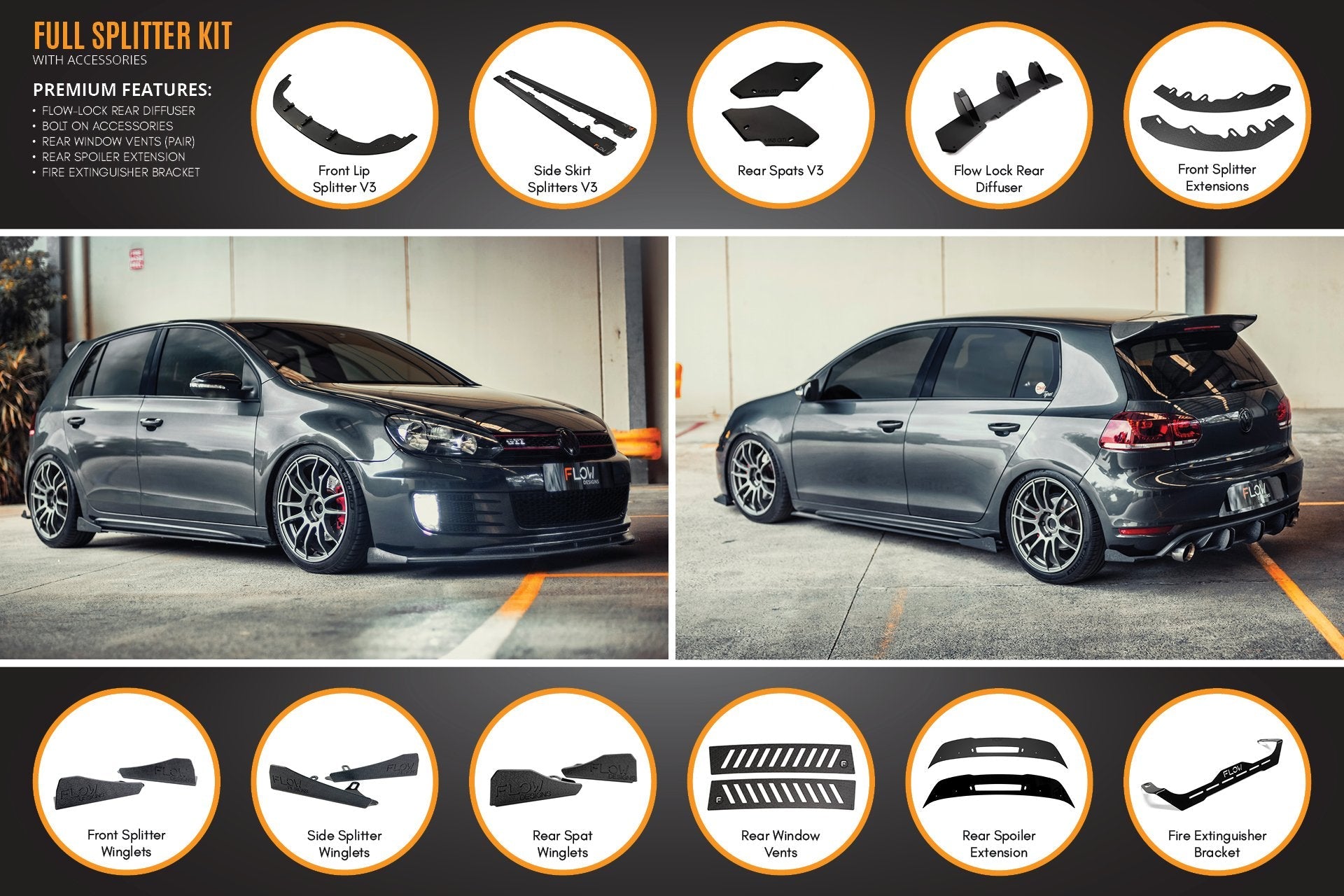 Flow Design MK6 Golf GTI Full Lip Splitter Set