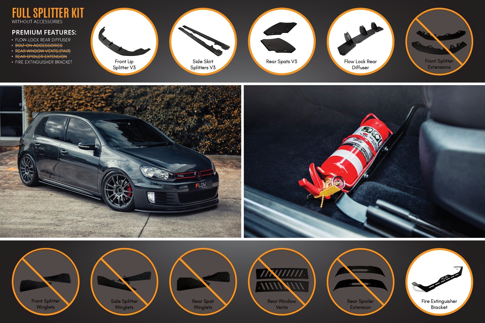 Flow Design MK6 Golf GTI Full Lip Splitter Set