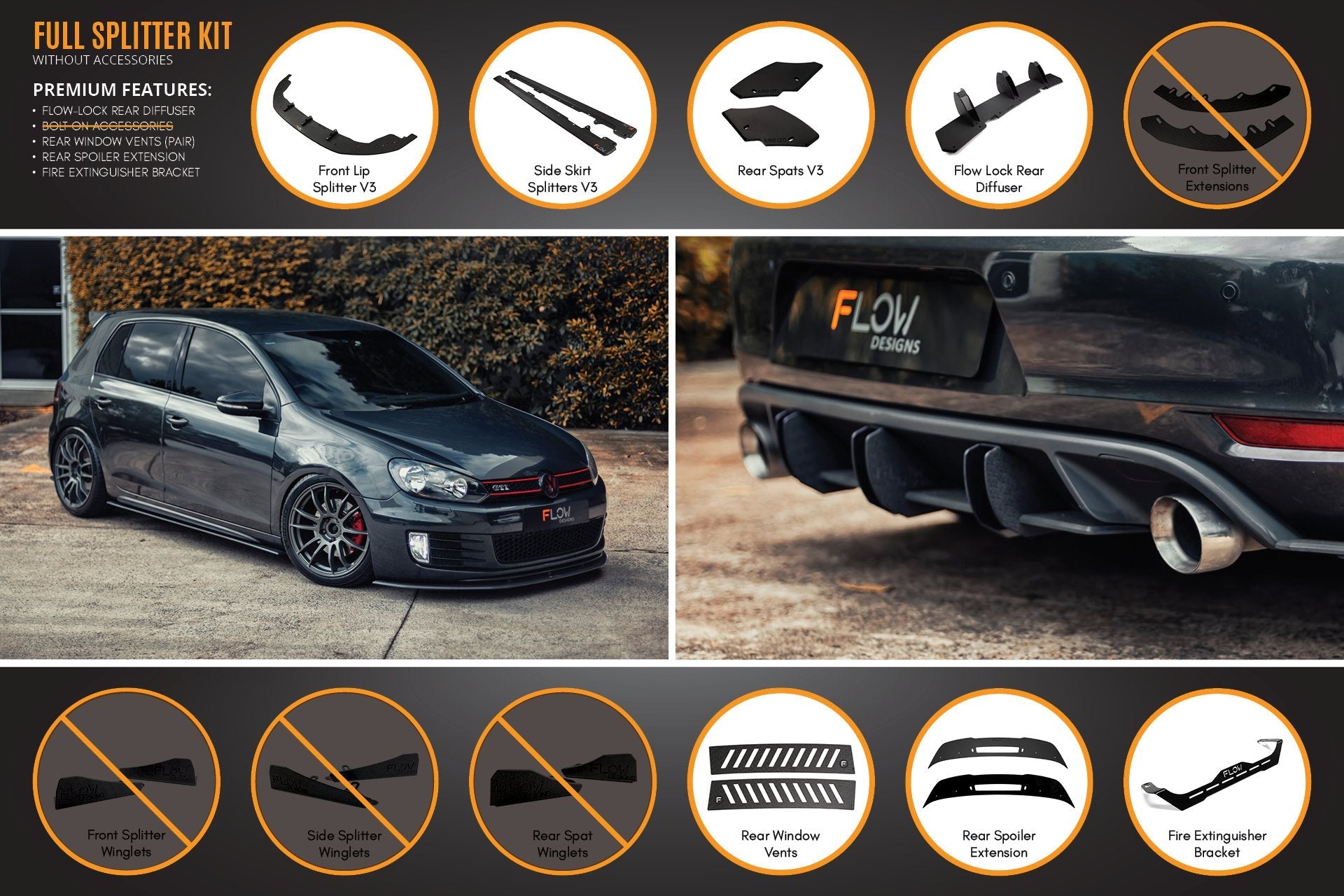 Flow Design MK6 Golf GTI Full Lip Splitter Set