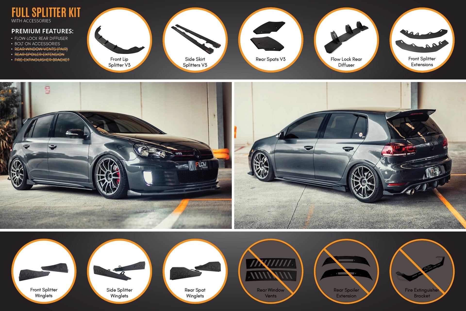 Flow Design MK6 Golf GTI Full Lip Splitter Set