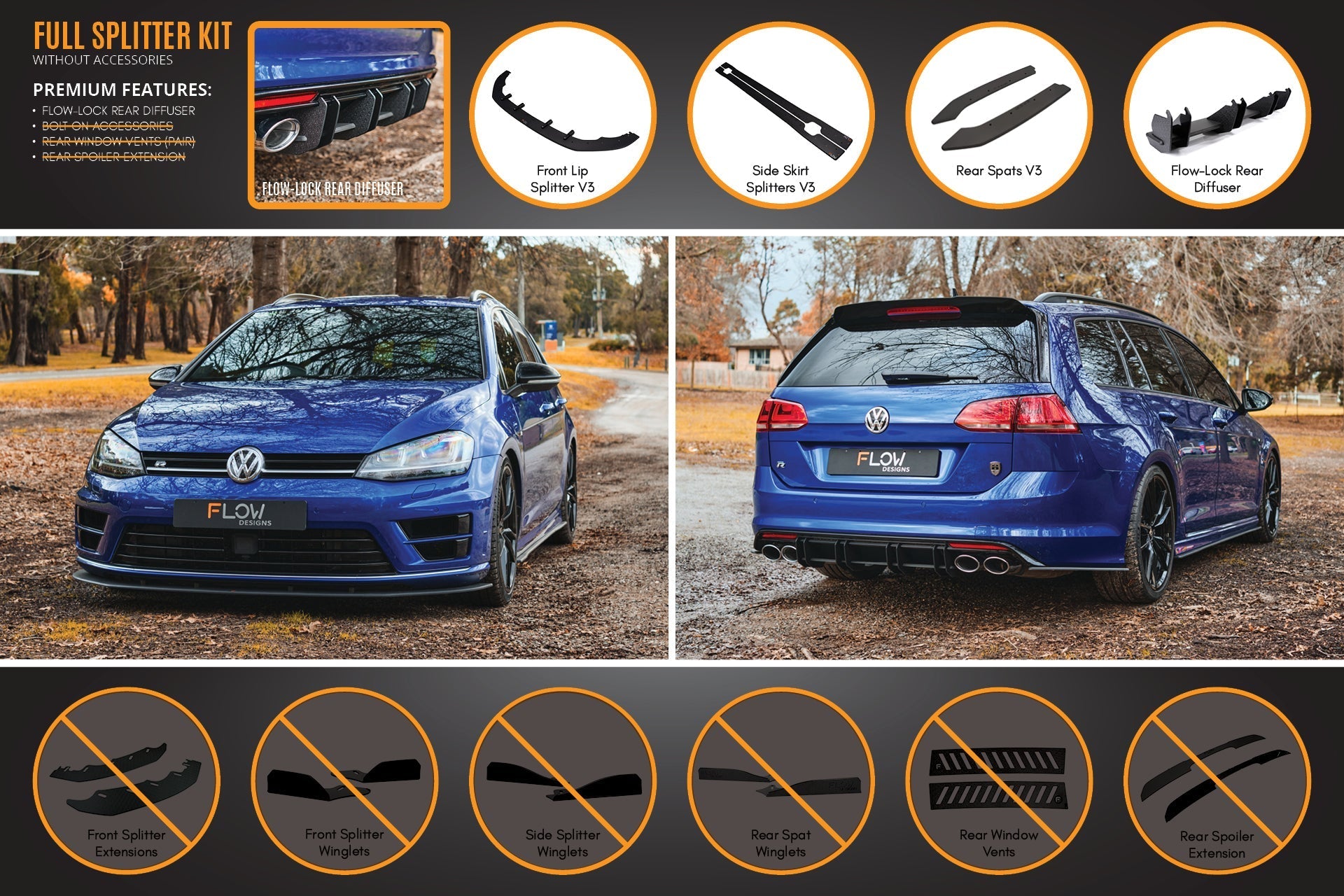 Flow Design MK7 Golf R Wagon - Full Lip Splitter Set