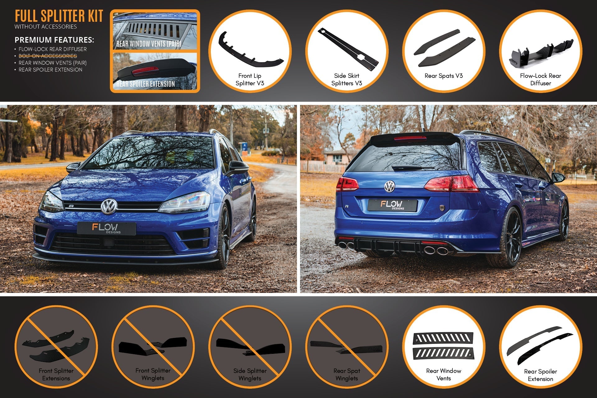 Flow Design MK7 Golf R Wagon - Full Lip Splitter Set