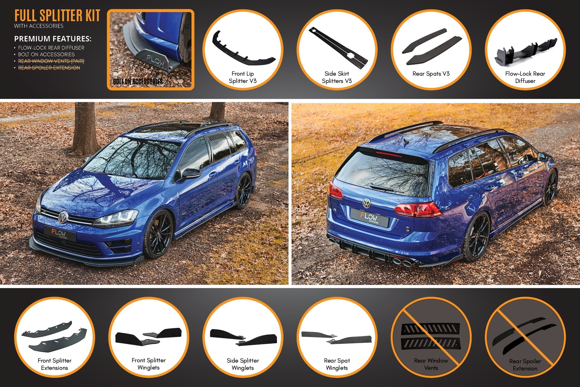 Flow Design MK7 Golf R Wagon - Full Lip Splitter Set