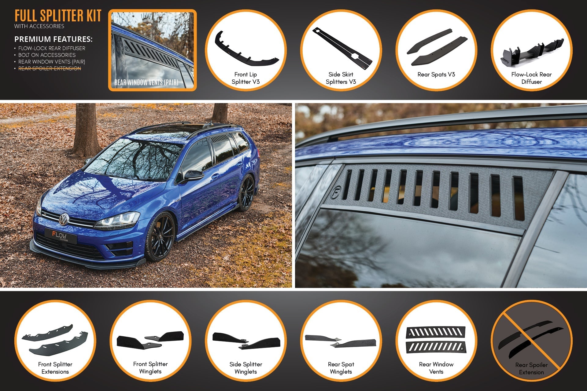 Flow Design MK7 Golf R Wagon - Full Lip Splitter Set