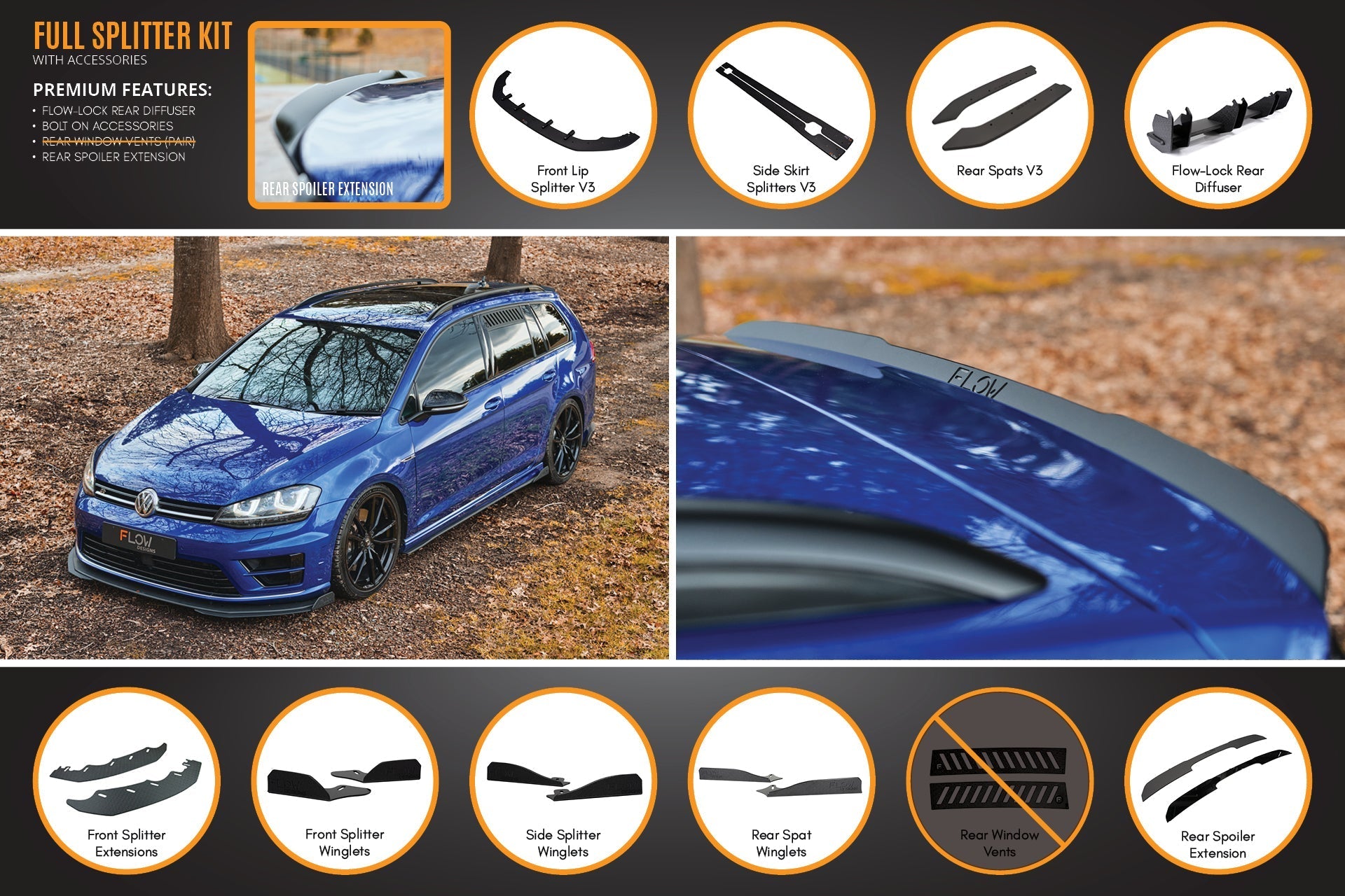 Flow Design MK7 Golf R Wagon - Full Lip Splitter Set