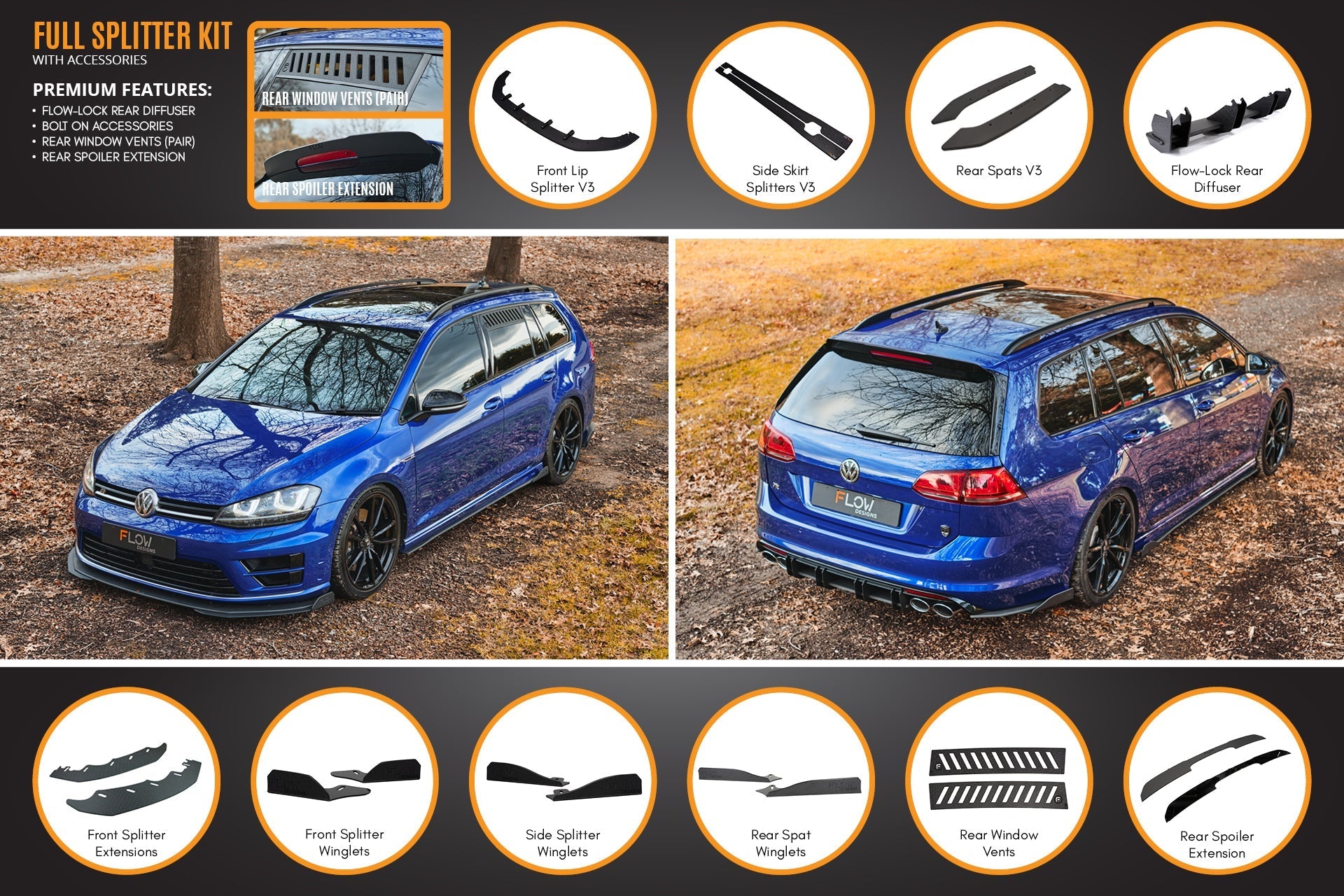 Flow Design MK7 Golf R Wagon - Full Lip Splitter Set