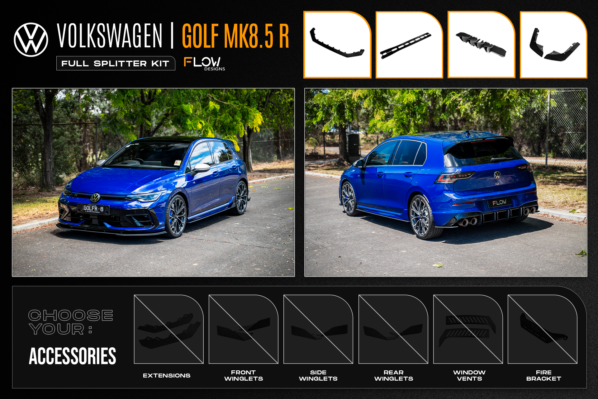 Flow Design MK8.5 Golf R Full Lip Splitter Set
