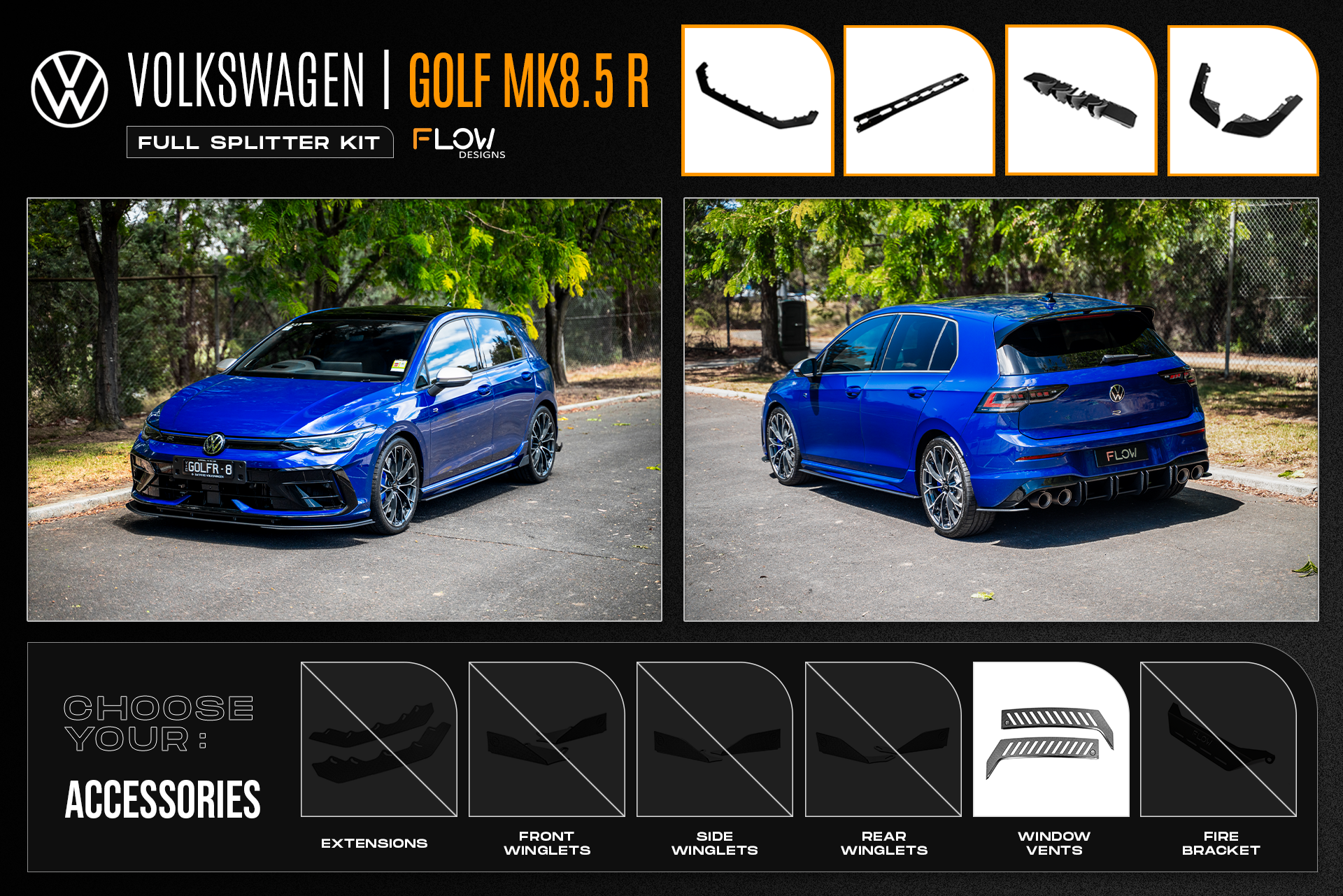 Flow Design MK8.5 Golf R Full Lip Splitter Set