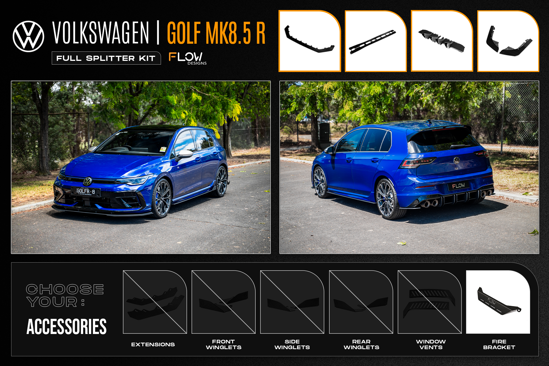 Flow Design MK8.5 Golf R Full Lip Splitter Set