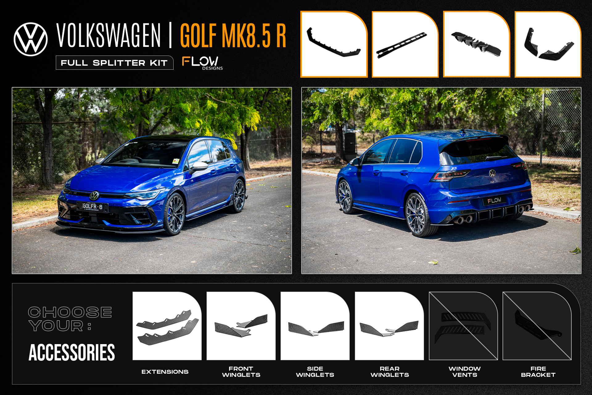 Flow Design MK8.5 Golf R Full Lip Splitter Set