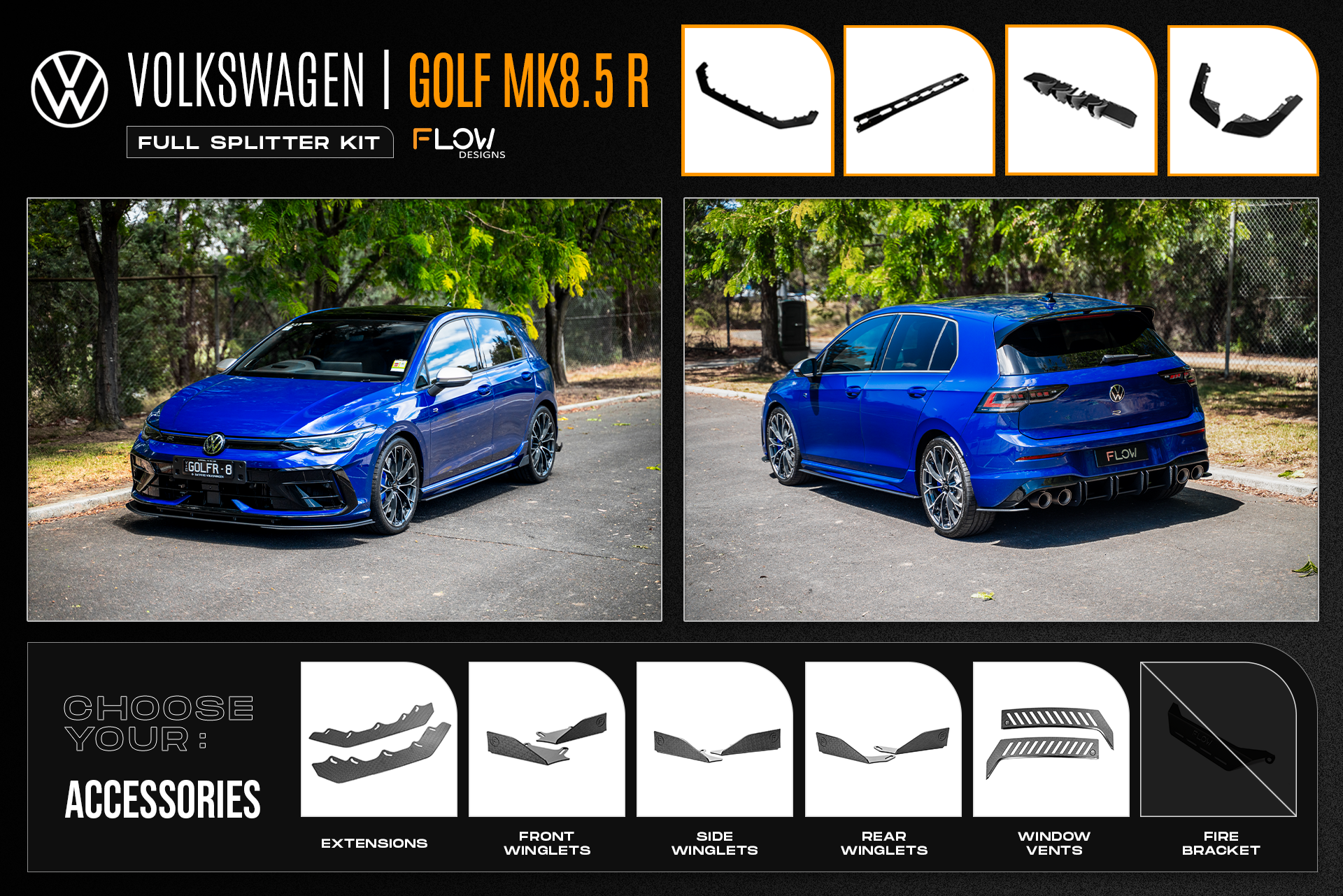 Flow Design MK8.5 Golf R Full Lip Splitter Set