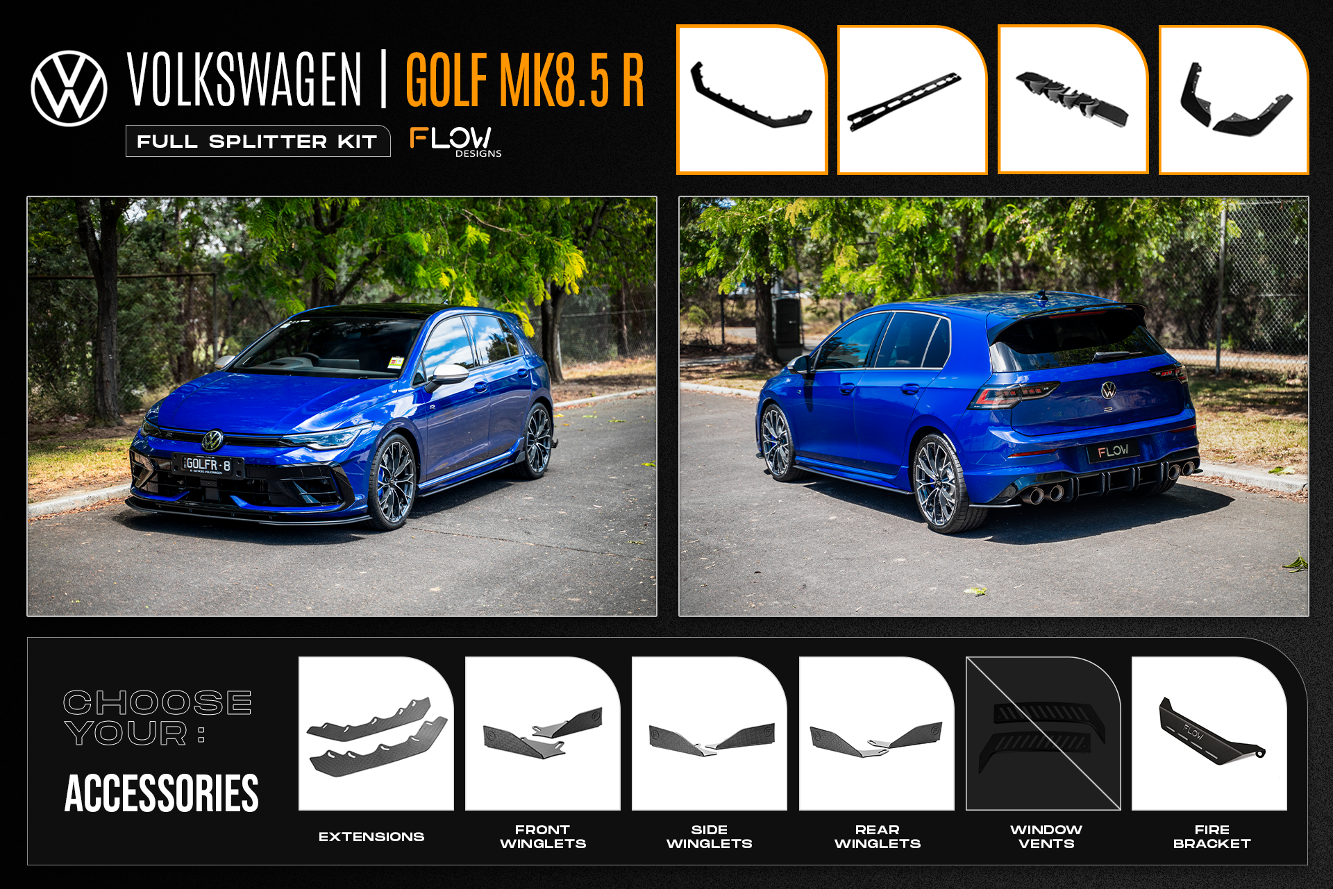 Flow Design MK8.5 Golf R Full Lip Splitter Set