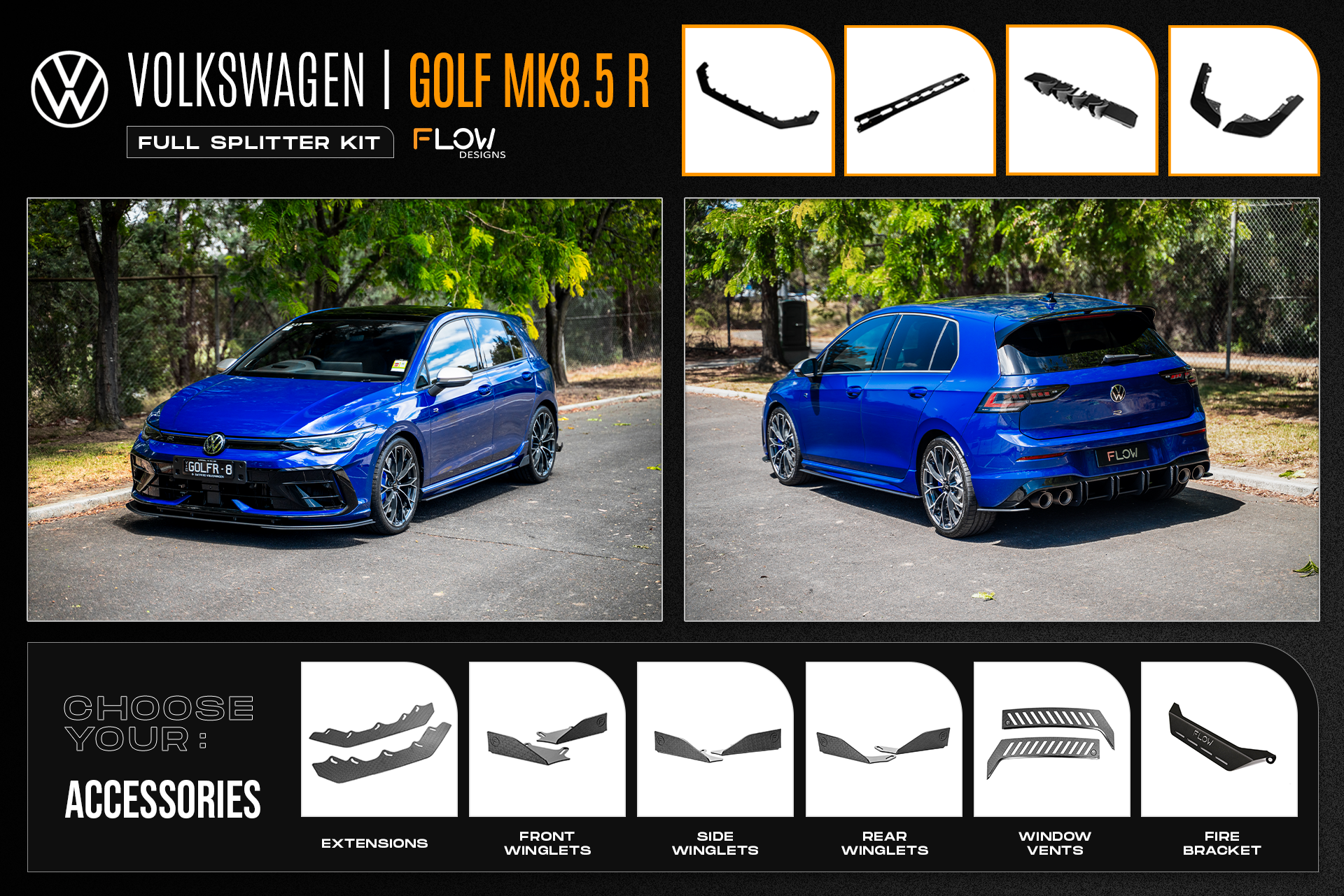 Flow Design MK8.5 Golf R Full Lip Splitter Set